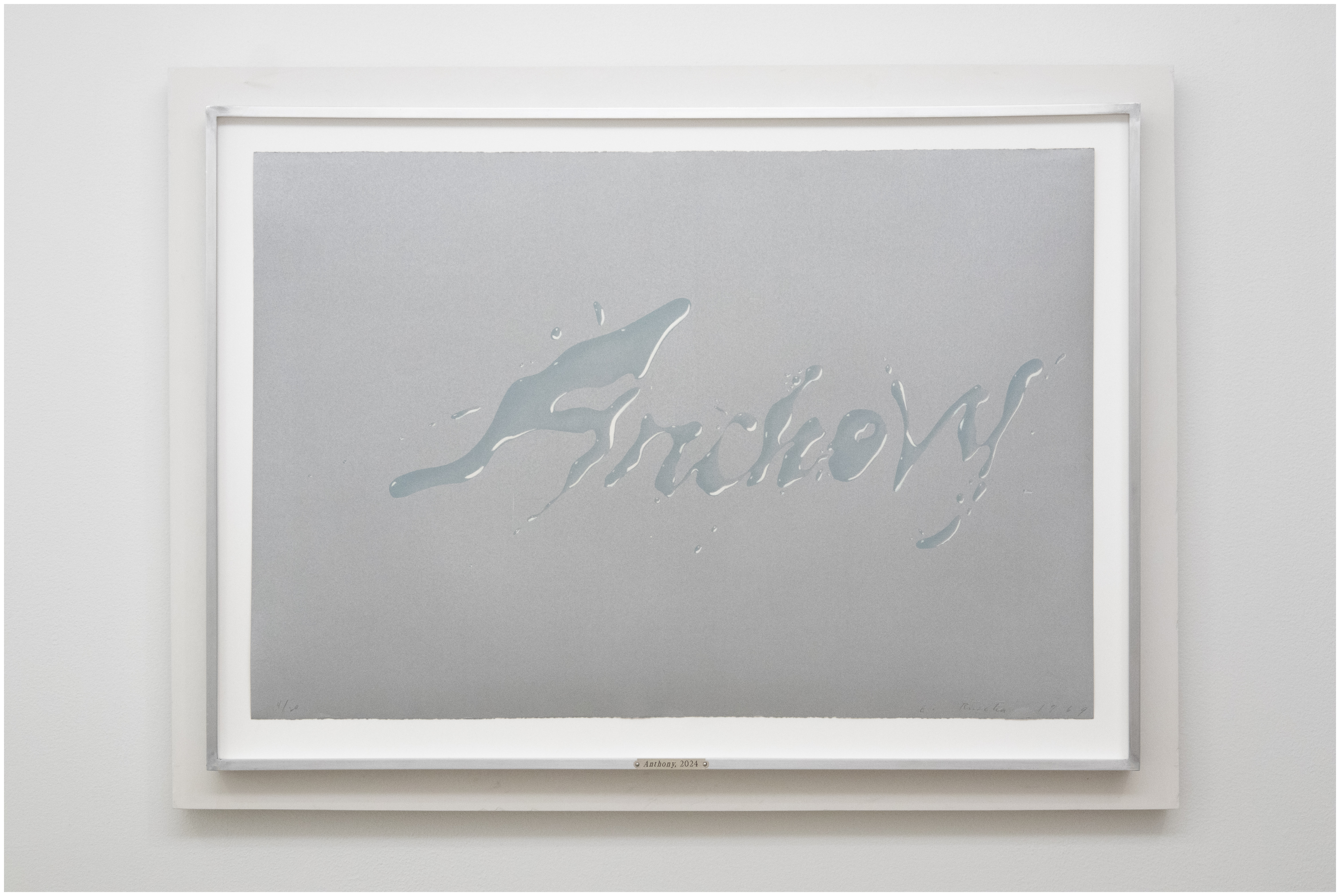 Anthony, 2024Ed Ruscha’s Anchovy, aluminum frame, glass, foam core, nameplate, nails, plaster34.031 x 25.141 x 3.594 in.86.44 x 63.86 x 9.13 cm