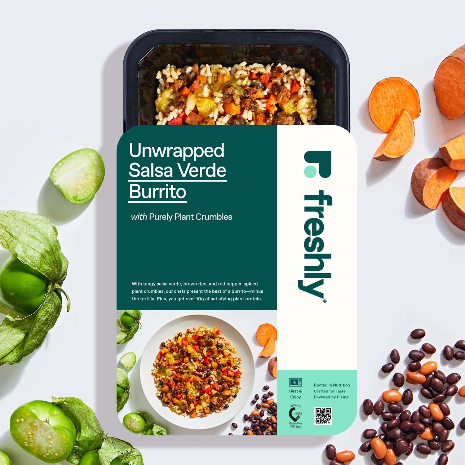 Freshly packaging mockup for the Unwrapped Salsa Verde Burrito from it's plant-based line.