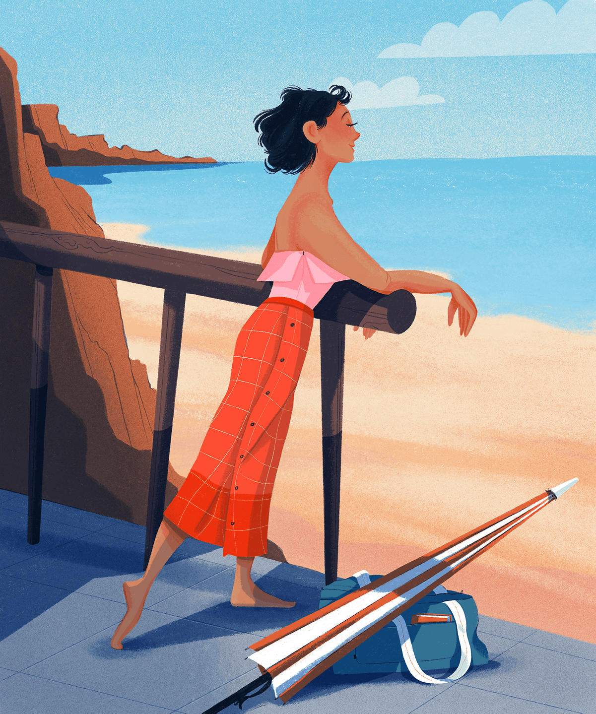 A woman looking to the horizon at a beach.