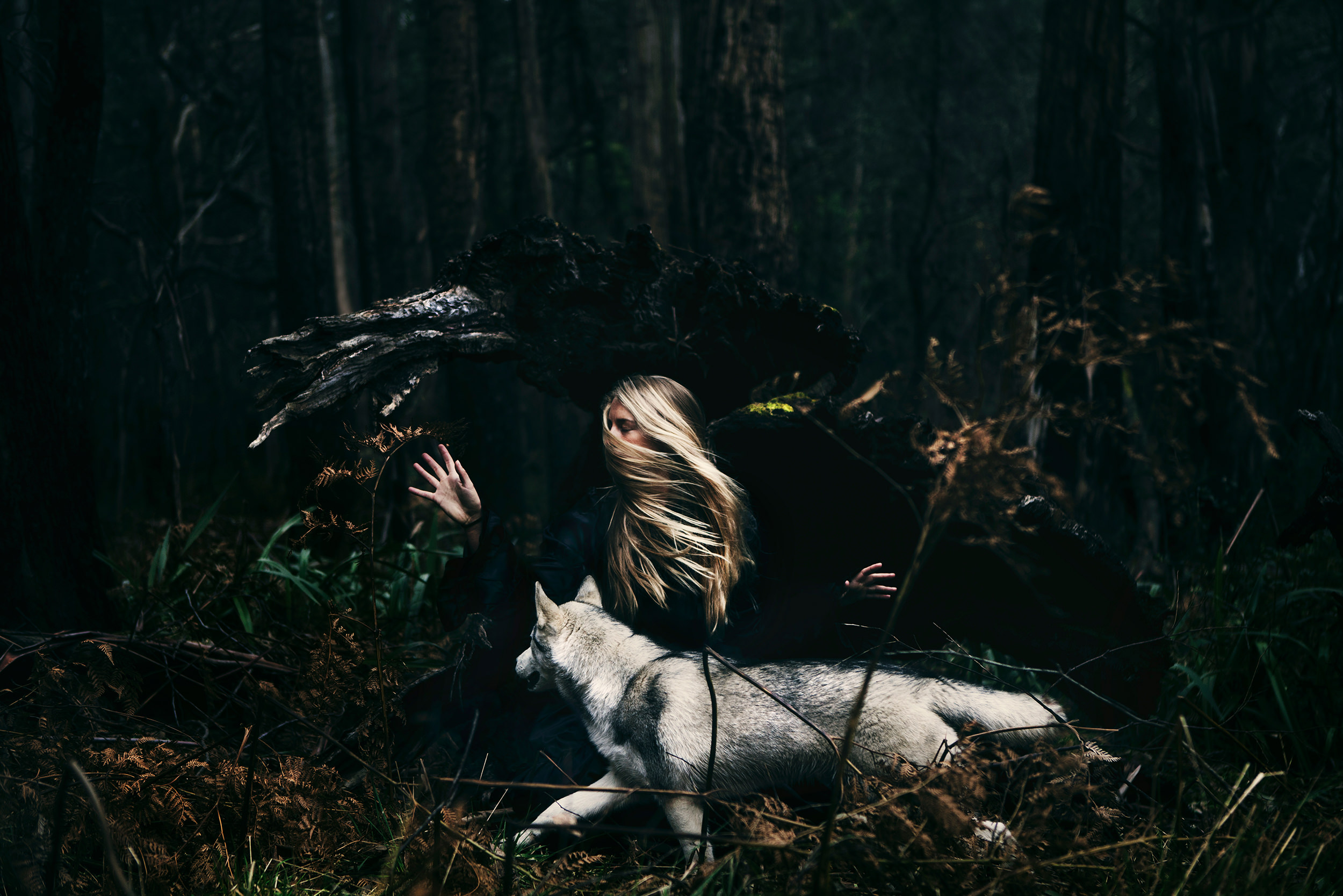 Девушка с волком в лесу