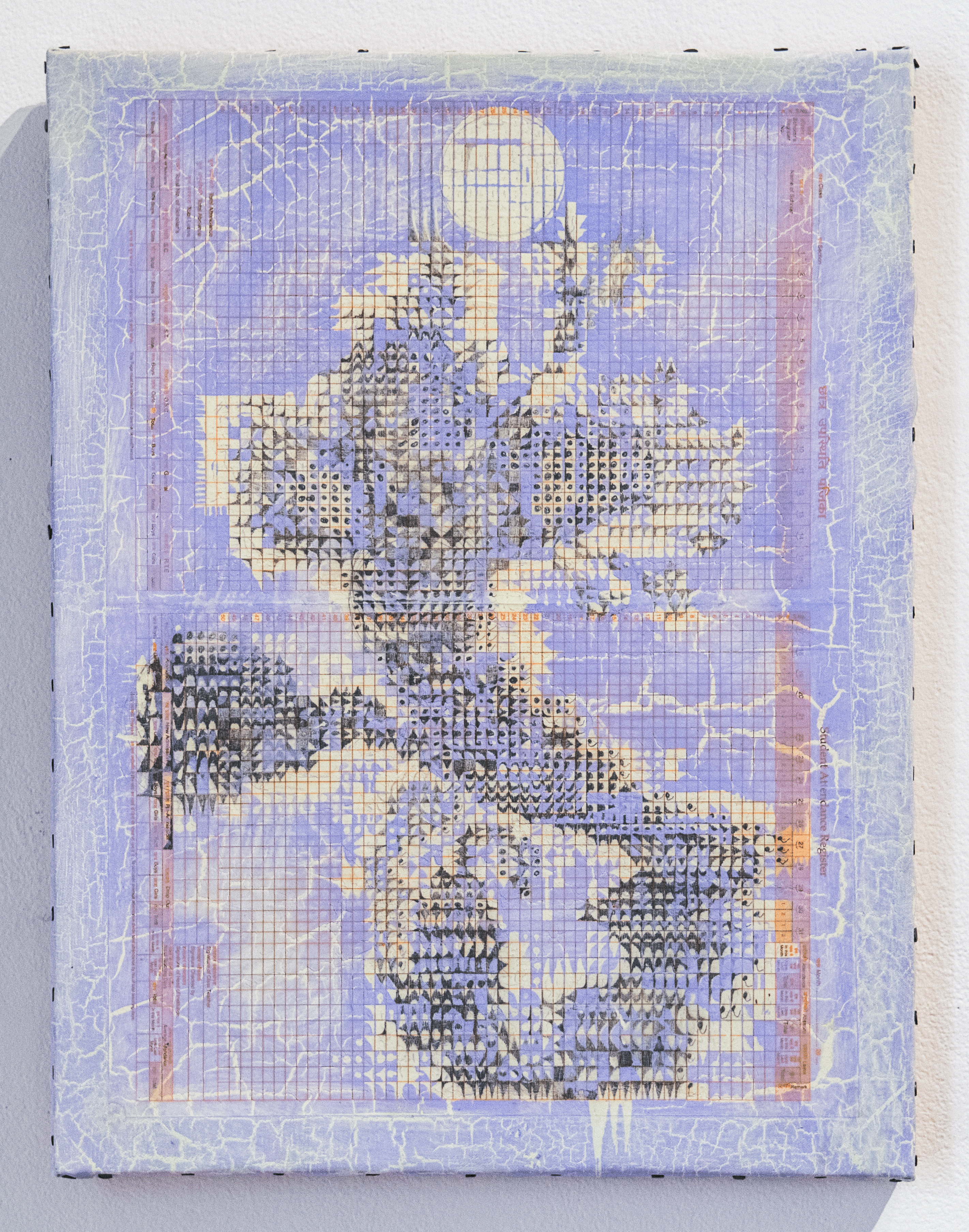 "From an Abundance of Caution" , 2024 Graphite on Graph Paper, Acrylic, Glue, on Canvas, on Plywood 16.5” x 21.5”