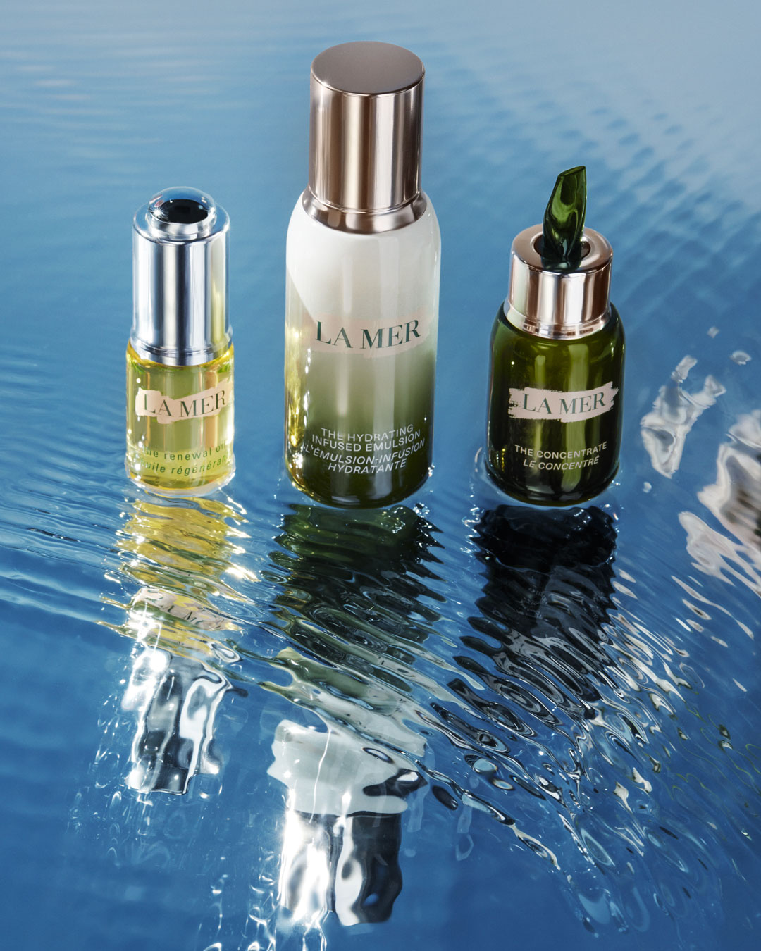 KMA Prop Stylist Rachel Haas surrounded La Mer Beauty Products in refreshing liquid for refreshing effect