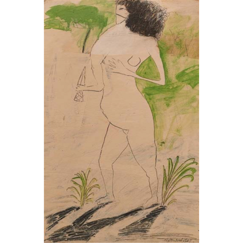 Nude with knife, 1987Mixed media on board61 x 40cm