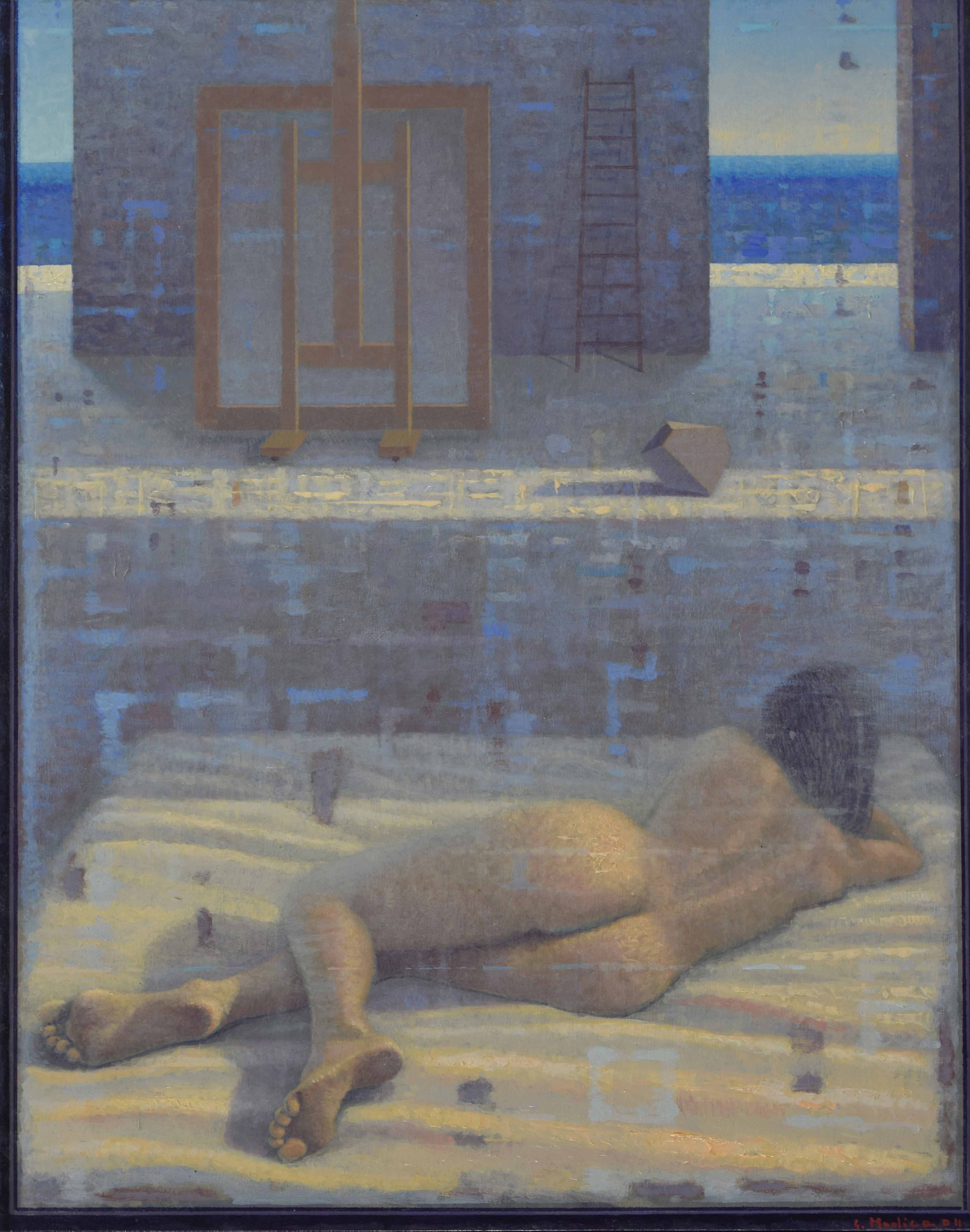 Atelier-Melanconia (con figura), 2011, olio su tavola, cm 50 x 40