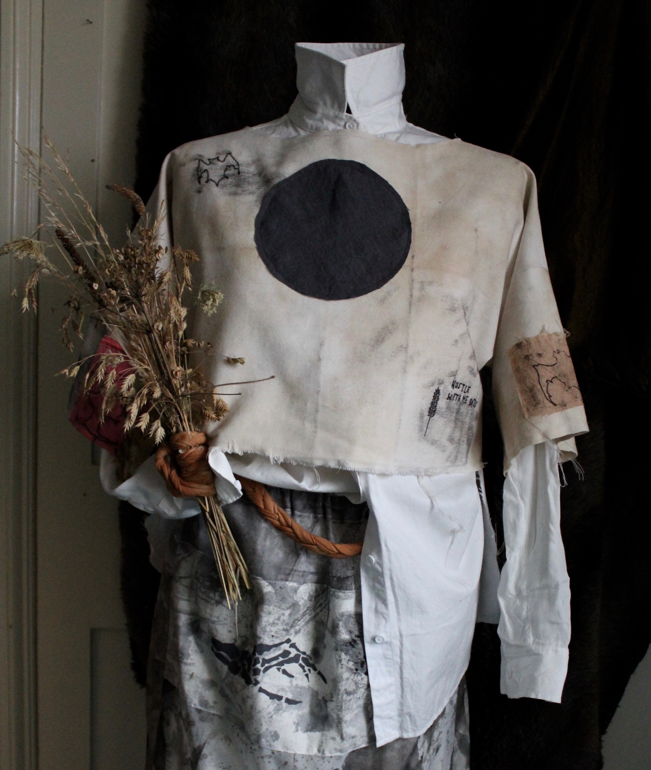 Outfit for a bat conservationist whose parents are corn farmers.2017Monoprint, natural dye, reclaimed fabric