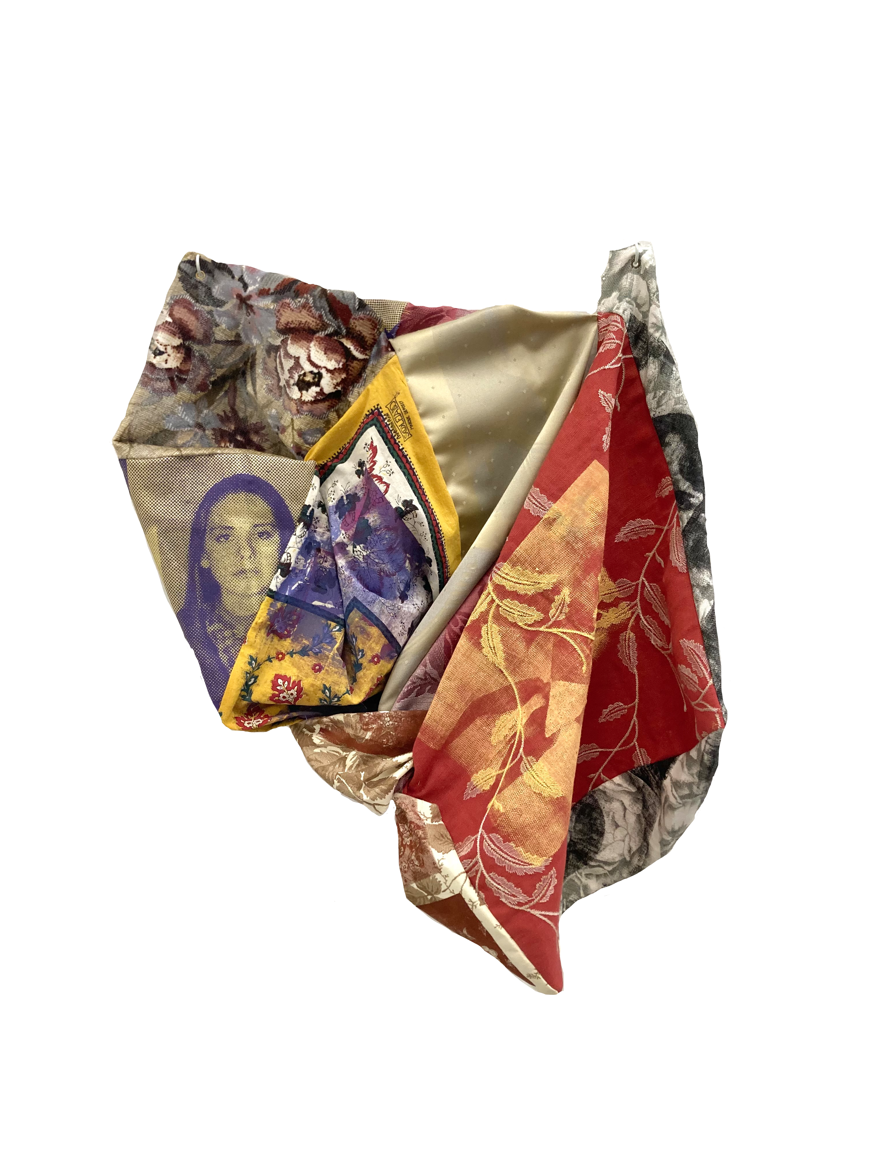 Kapinus, 2023, screen print, velvet, upholstery, fabric and thread, 14 x 12 in