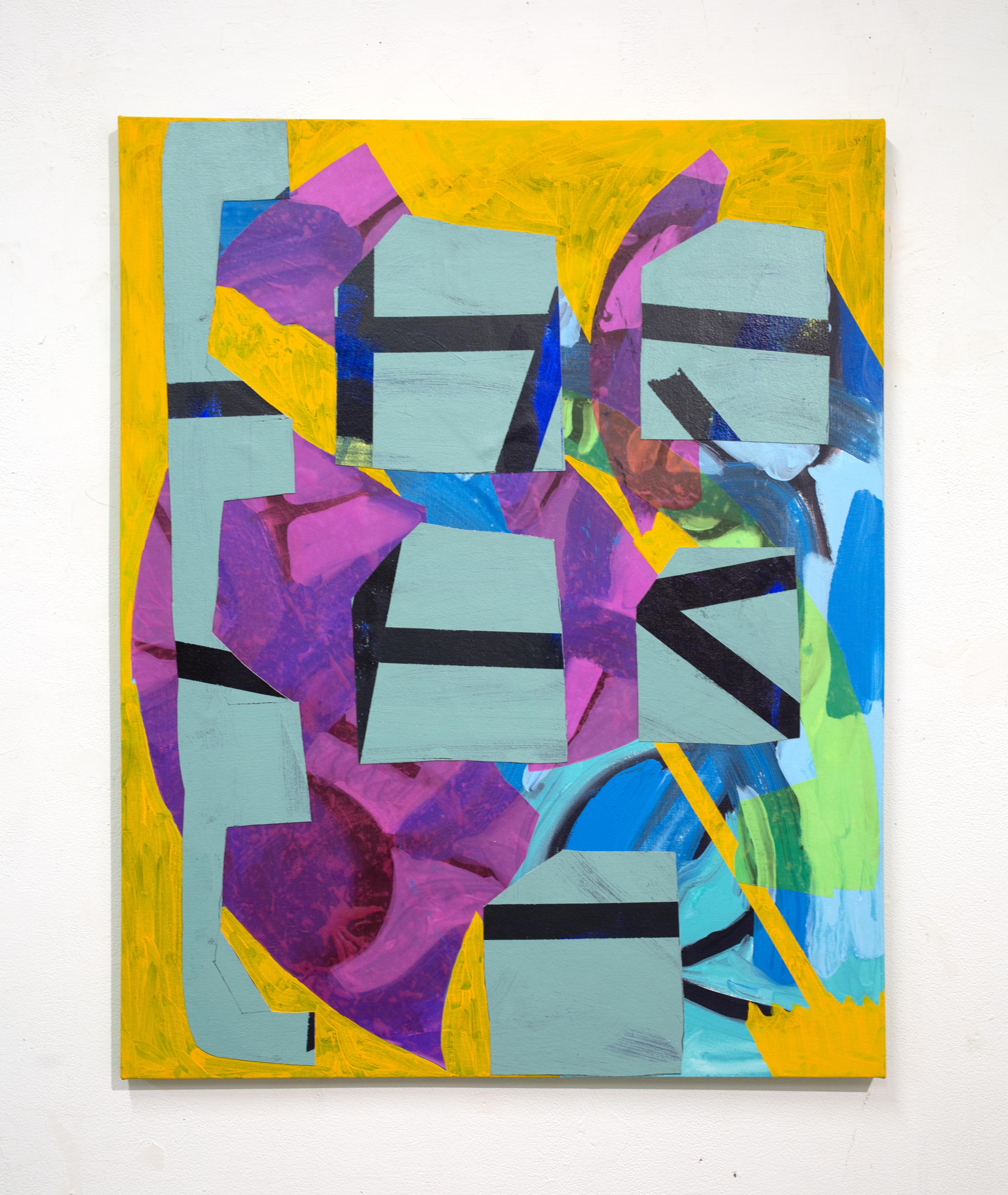 "Untitled", 2025, acrylic and mixed media on collaged canvas, 38x30 in