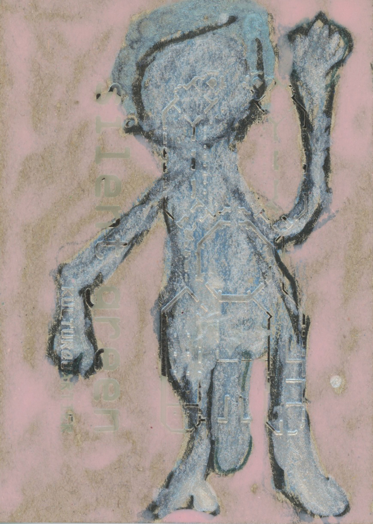 Vaginal Davis, "Prinz Tarino", 2016, Crayon, watercolor, and nail polish on Silent Green business card, 4 1/4 × 3 in/10.8 × 7.6 cm