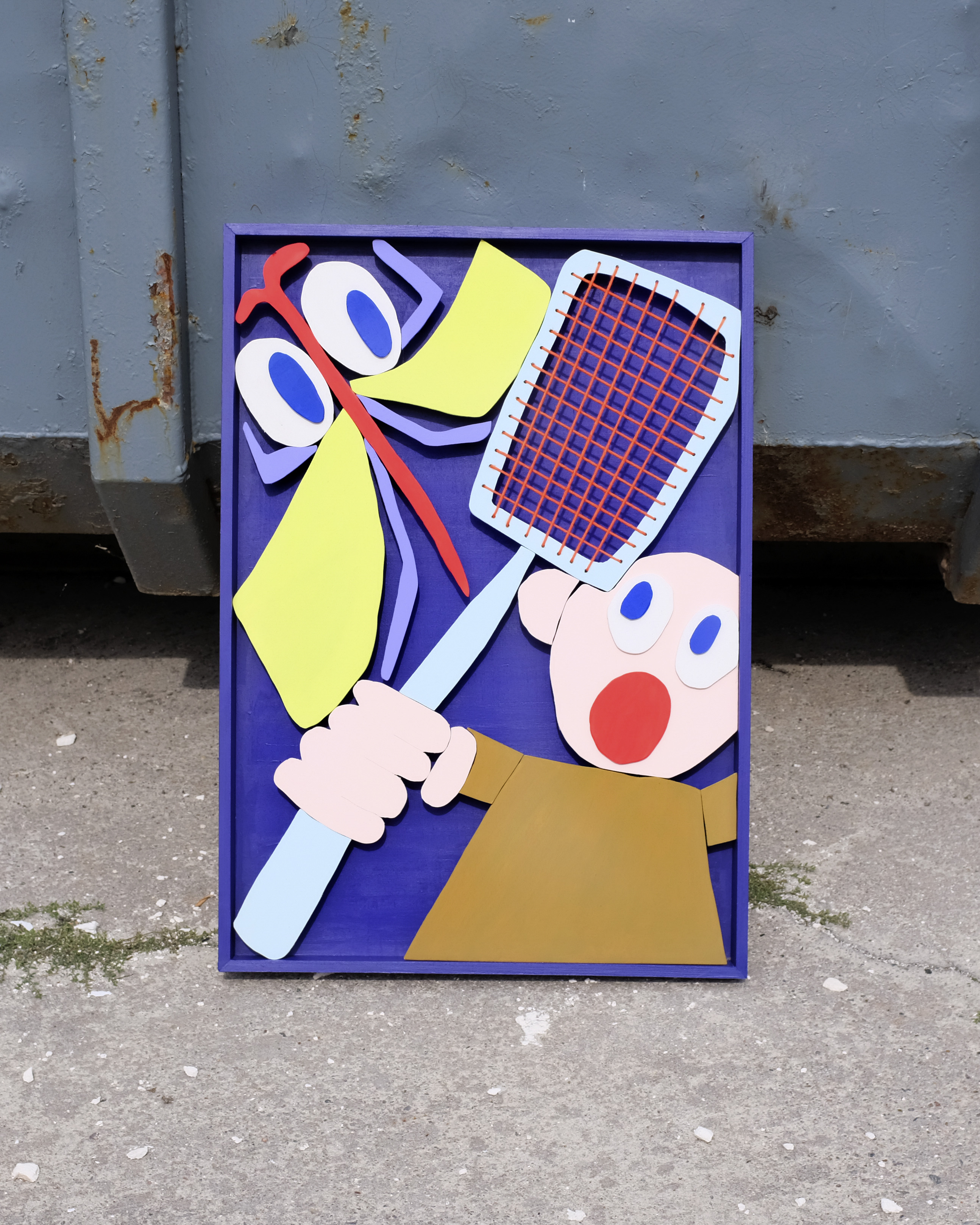 Klatsche (2023), 42 x 59,5 x 3,5cm, Acrylics on Wood, Cotton Thread