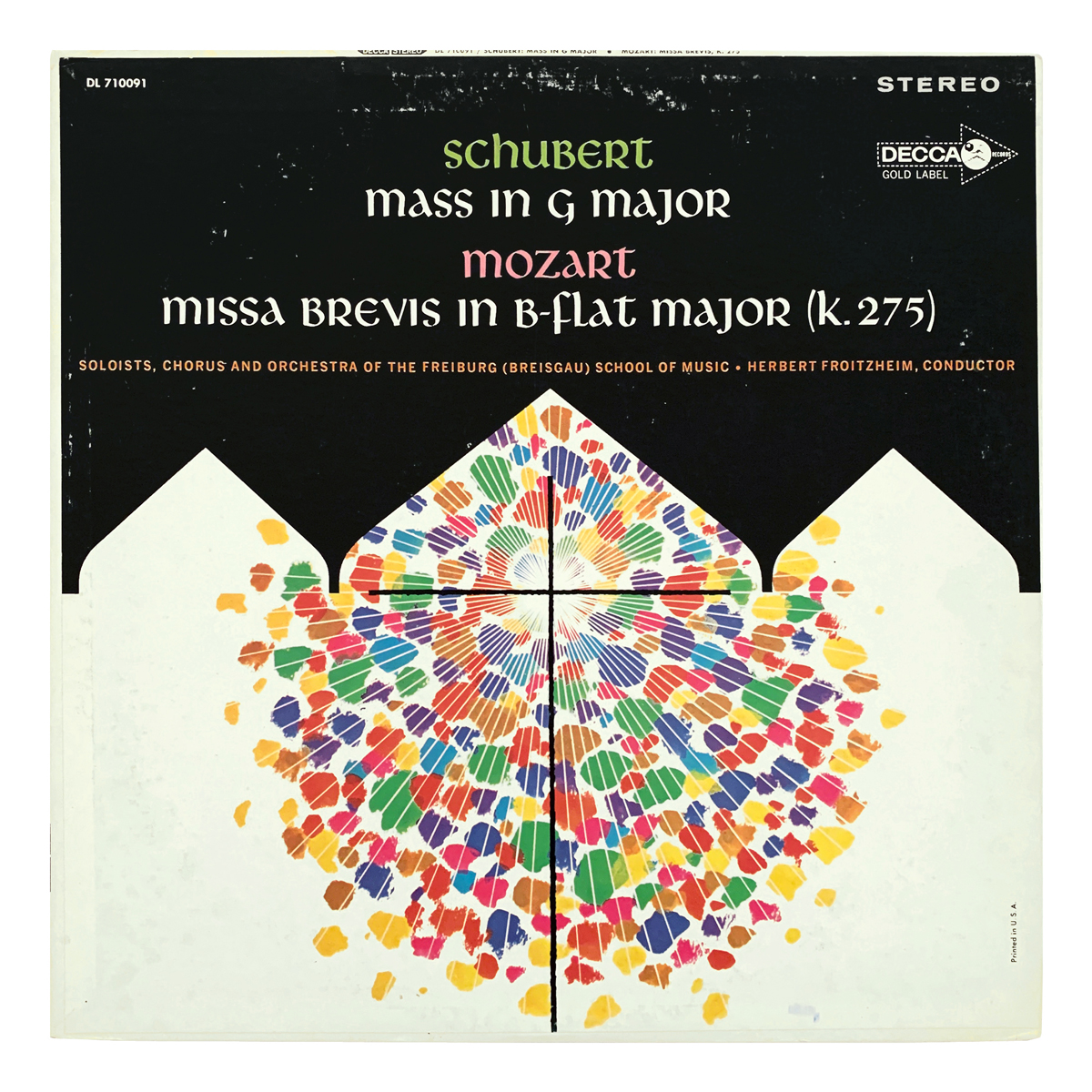 Decca Gold DL 10091 (710091) Franz Schubert - Mass No.2 in G major | Wolfgang Amadeus Mozart - Missa brevis in B flat major, K.275 Orchester und Chor der Staatlichen Hochschule für Musik, Freiburg - Herbert Froitzheim Design: Alex Steinweiss (as "Piedra Blanca", uncredited)