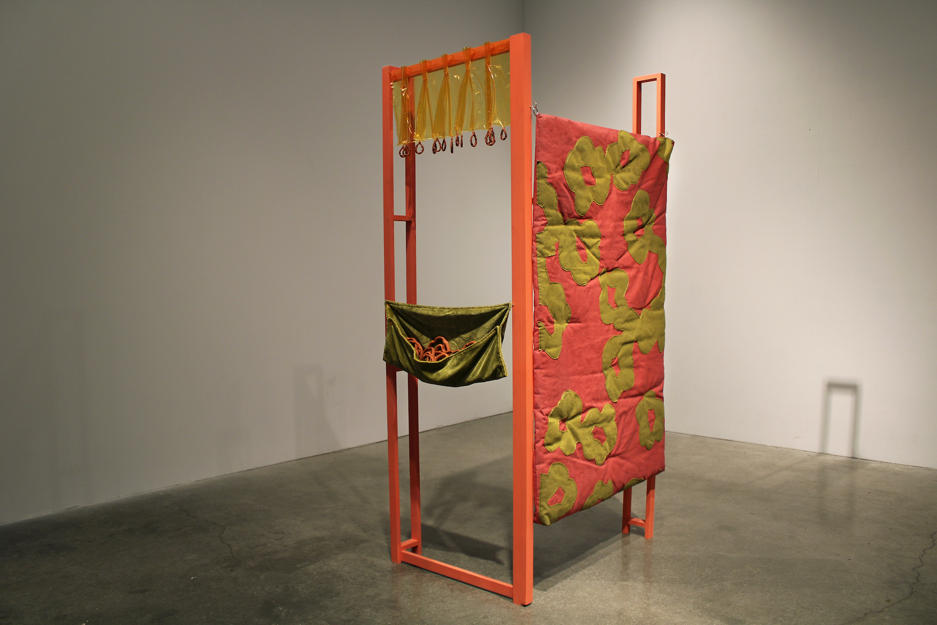 Pockets and Other Places to Hide, 2021, mixed fiber (corduroy, chenille, canvas, vinyl), wood, ceramic terra-cotta, house paint, 74" x 32" x 34"