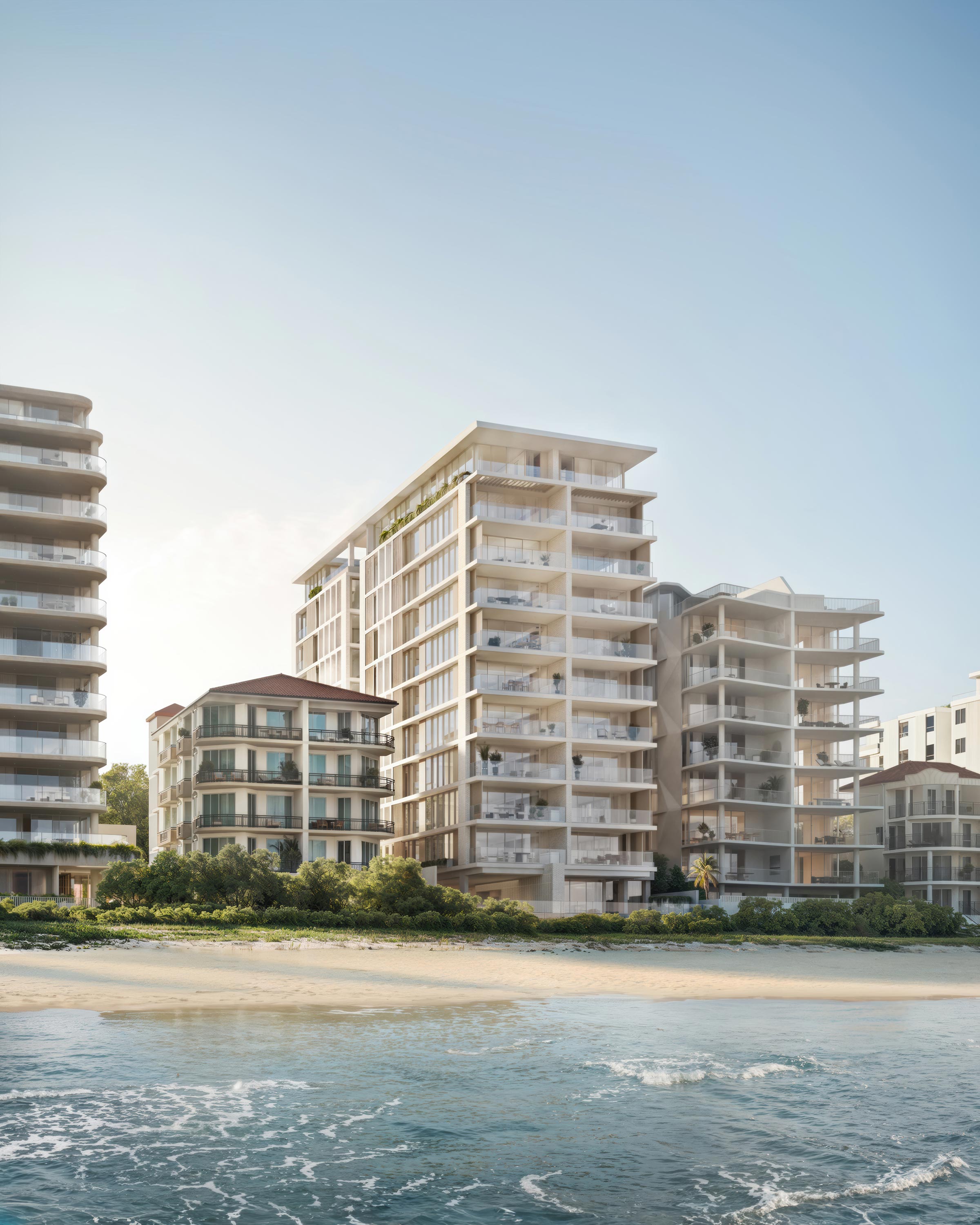 Sun-drenched beachfront luxury apartments with gleaming white facades, expansive glass balconies spilling with greenery, rising dramatically above a golden sandy shore as gentle turquoise waves roll in under a brilliant blue sky.