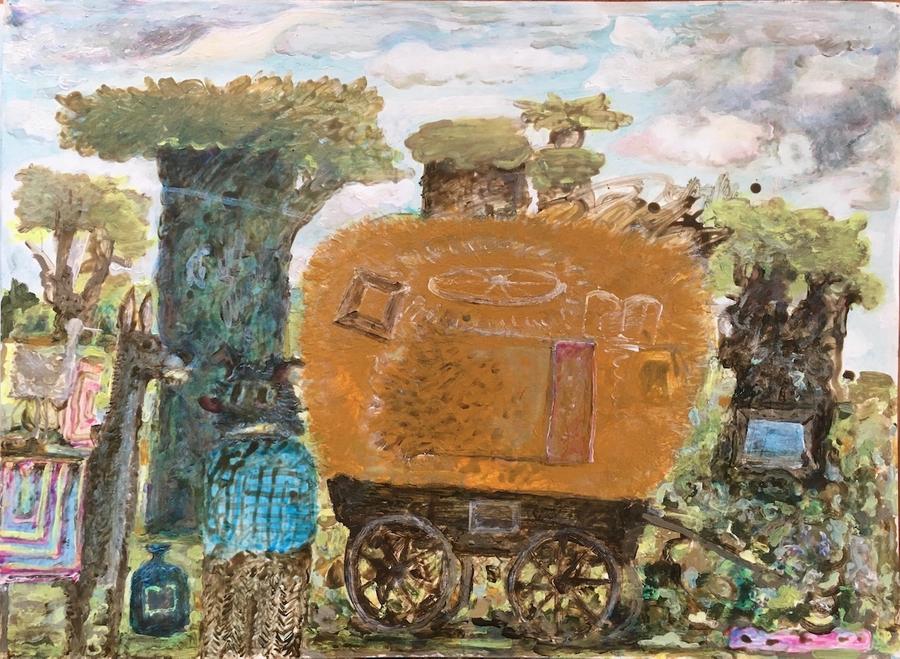 The Wagon, 2022, Acrylic on paper, 22 x 30 in. $2,400 (unframed)