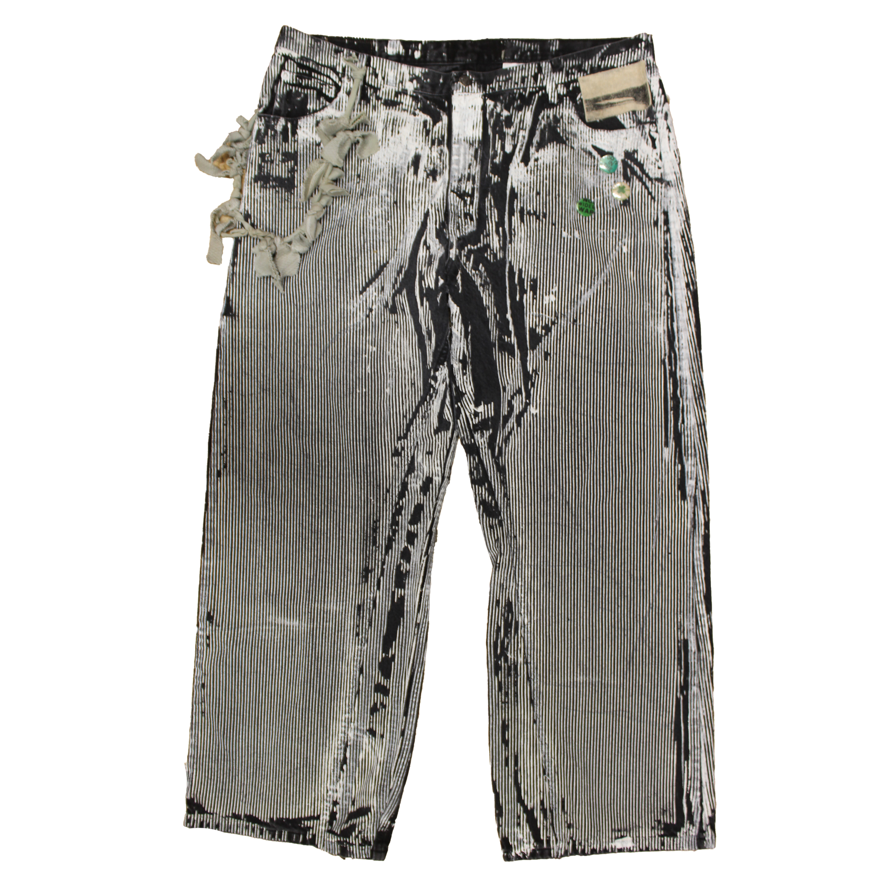 reclaimed vintage surplus denim screen printed with textile ink in snagstripe print. tailored for straight/wide fit. fitted with custom keychain, scrap chain, and leather patches