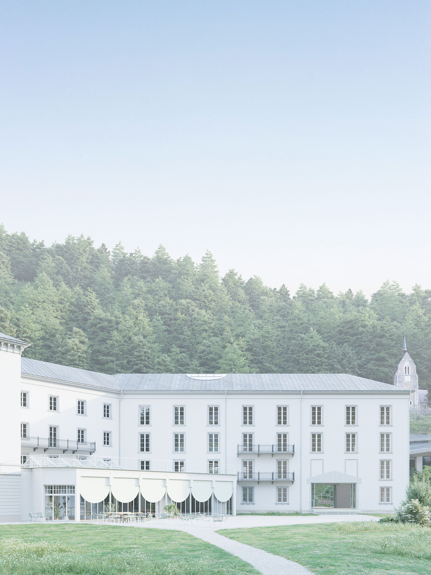 studio boltshauser, ethz, fundaziun nairs, léon bührer, hotel, scuol, Kurhotel, visualisierung, rendering, garten
