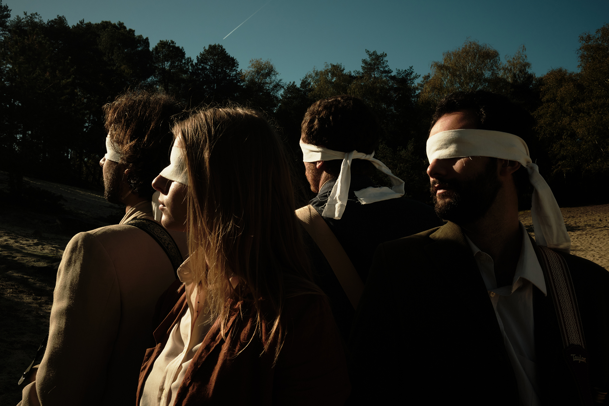 Philippe Sarfati-set photography-photographer-photography-street-documentary-music video-michael chereau-blindfold-at mos-france-band-profile-silhouette-contrast-together-sand-trees-forest