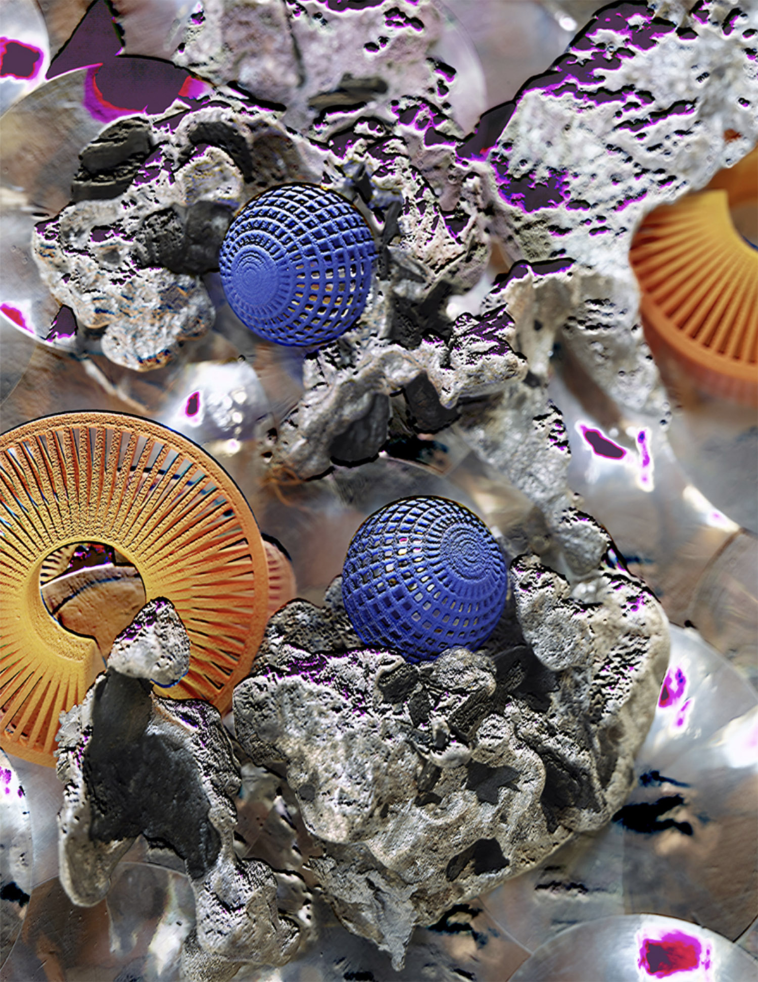 KMA photographer Daniel Schweizer photographs an abstract photo of white rocks and floating orange and blue objects