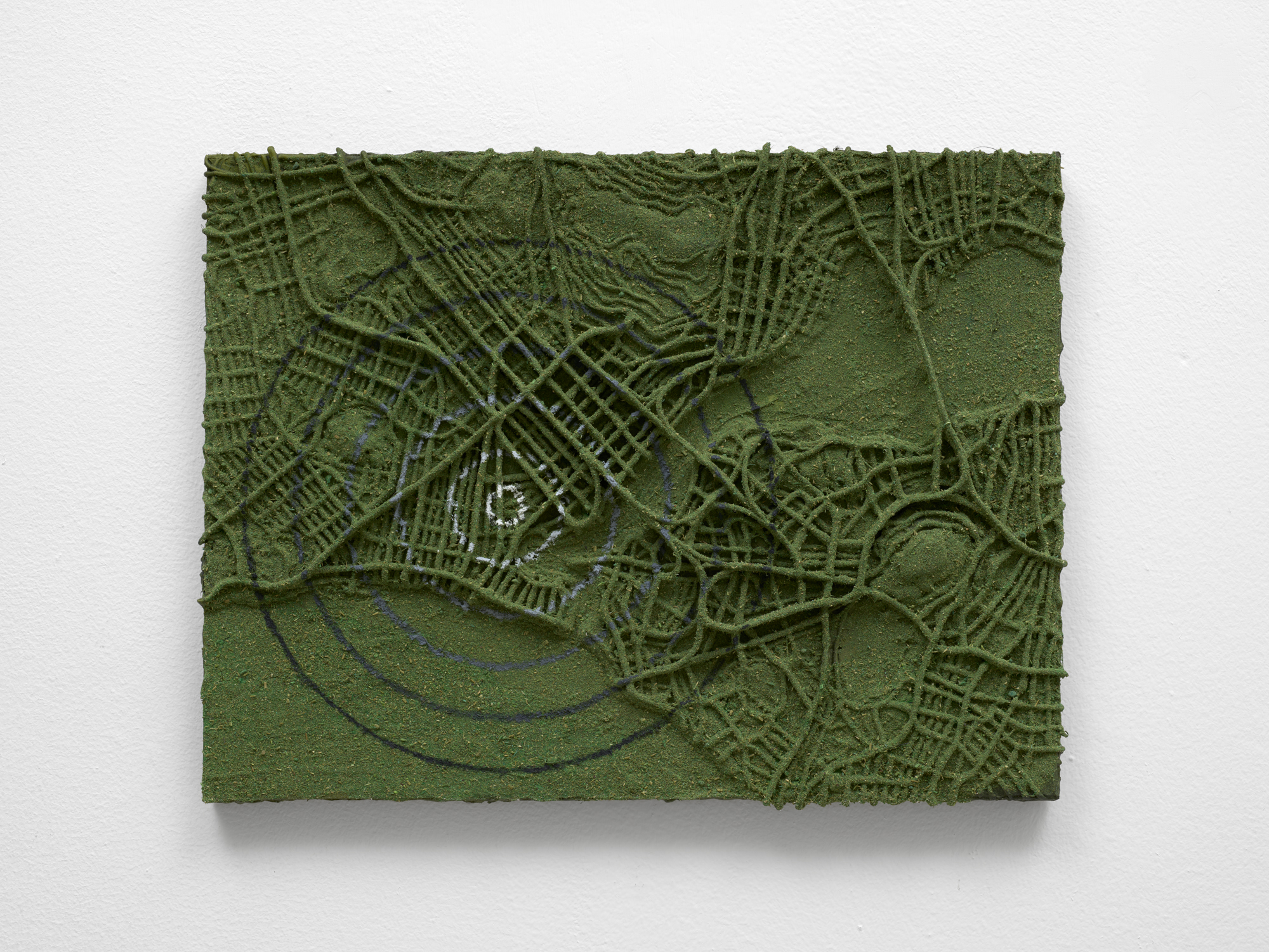 Radius, 2025, Acrylic, sawdust, herbs, hot glue on wood panel, 12 x 16 x 2 in, 30.5 x 40.6 x 5.1 cm