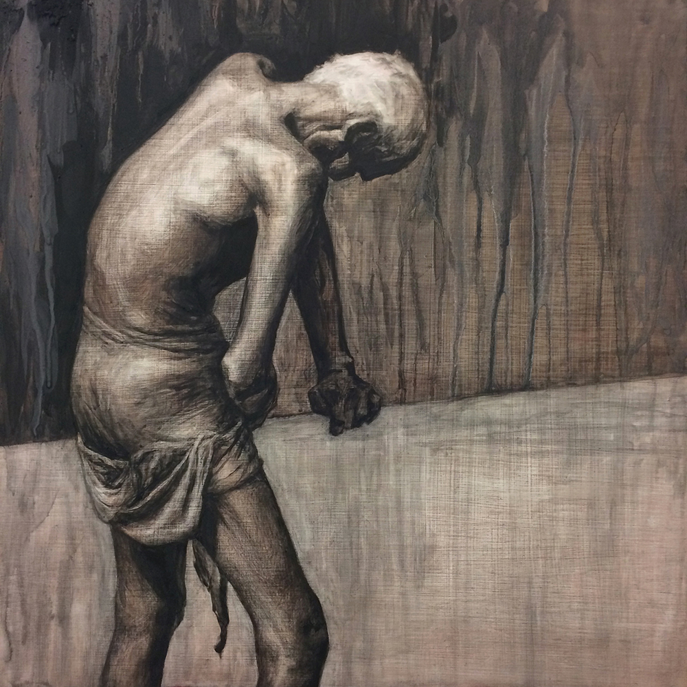 One thing I dread: not to be worthy of my sufferings, 2021 20"x20", charcoal, conté, sauce, & ink on panel