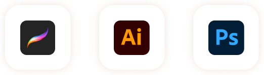 Procreate, Adobe Illustrator, Photoshop
