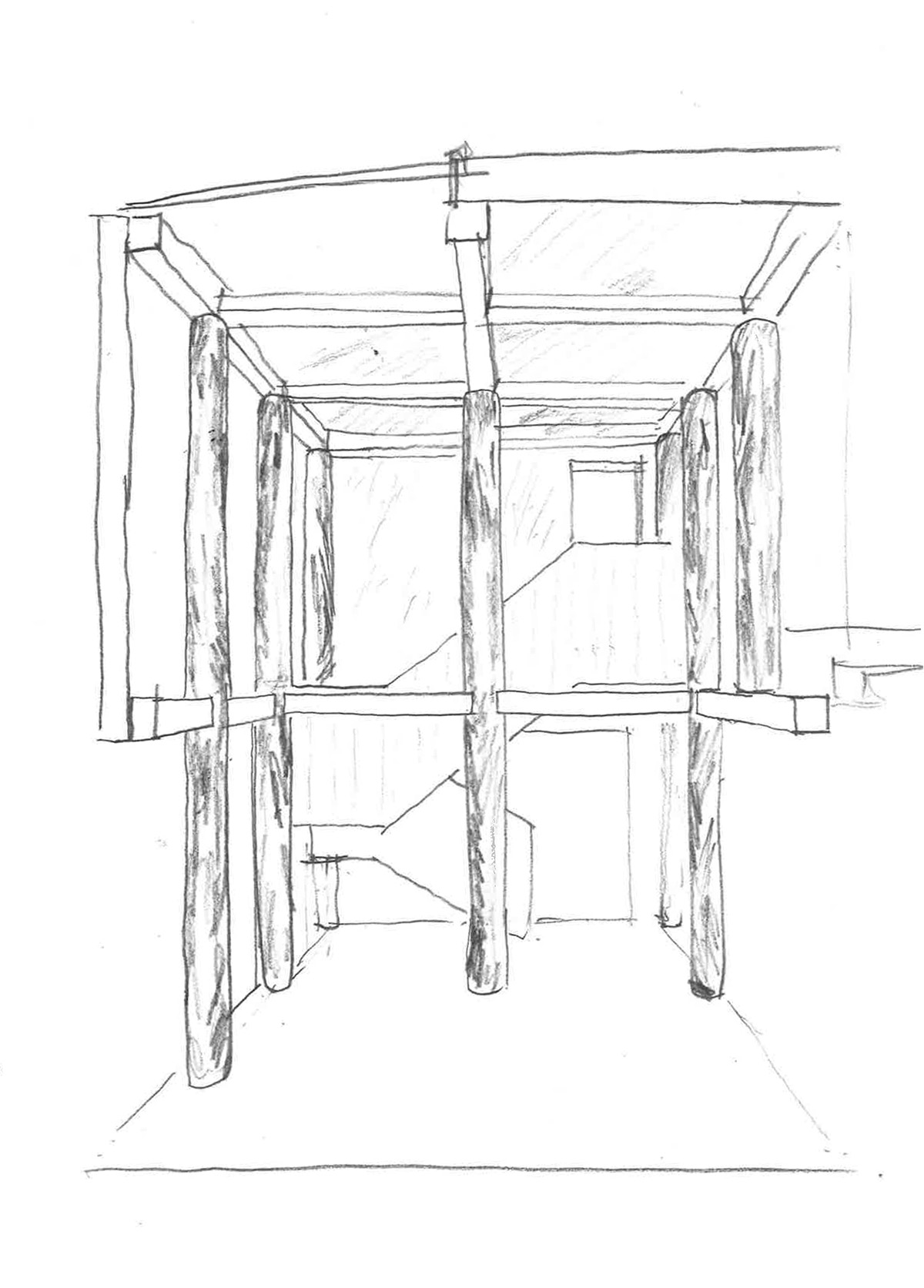 Rustic columns in the double height garden space