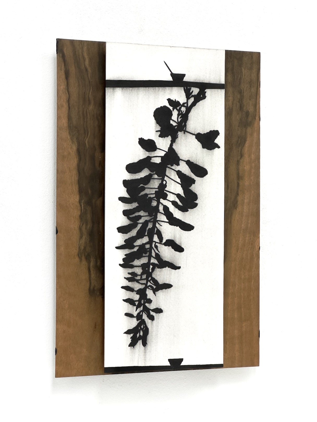 ‘Painter’s luck’, 2024, conté pencil and acrylic on paper/aluminium and European Walnut wood veneer/aluminium, 30 x 20 cm.