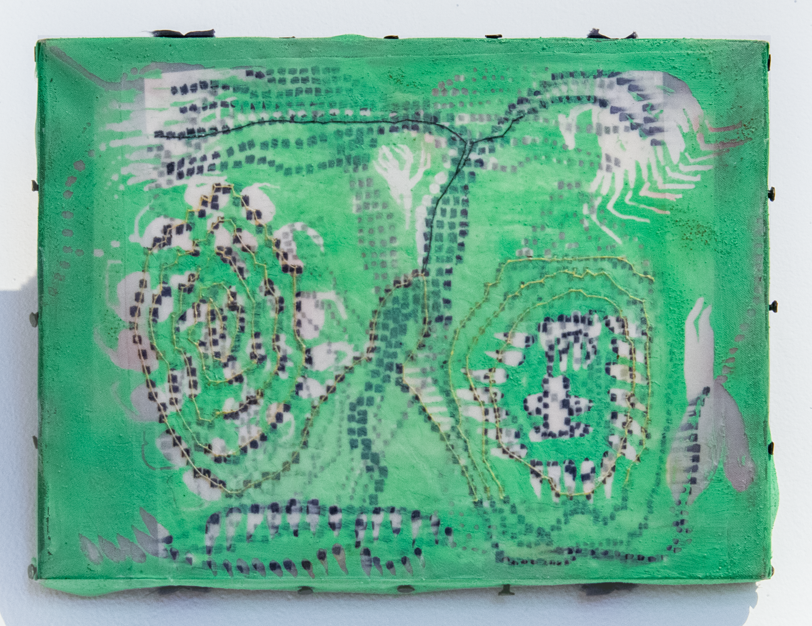 "A Thankful Present" , 2024 Marker, Graphite, Velum, Paper, Glue, Thread, Silk, on Net 9” x 12”