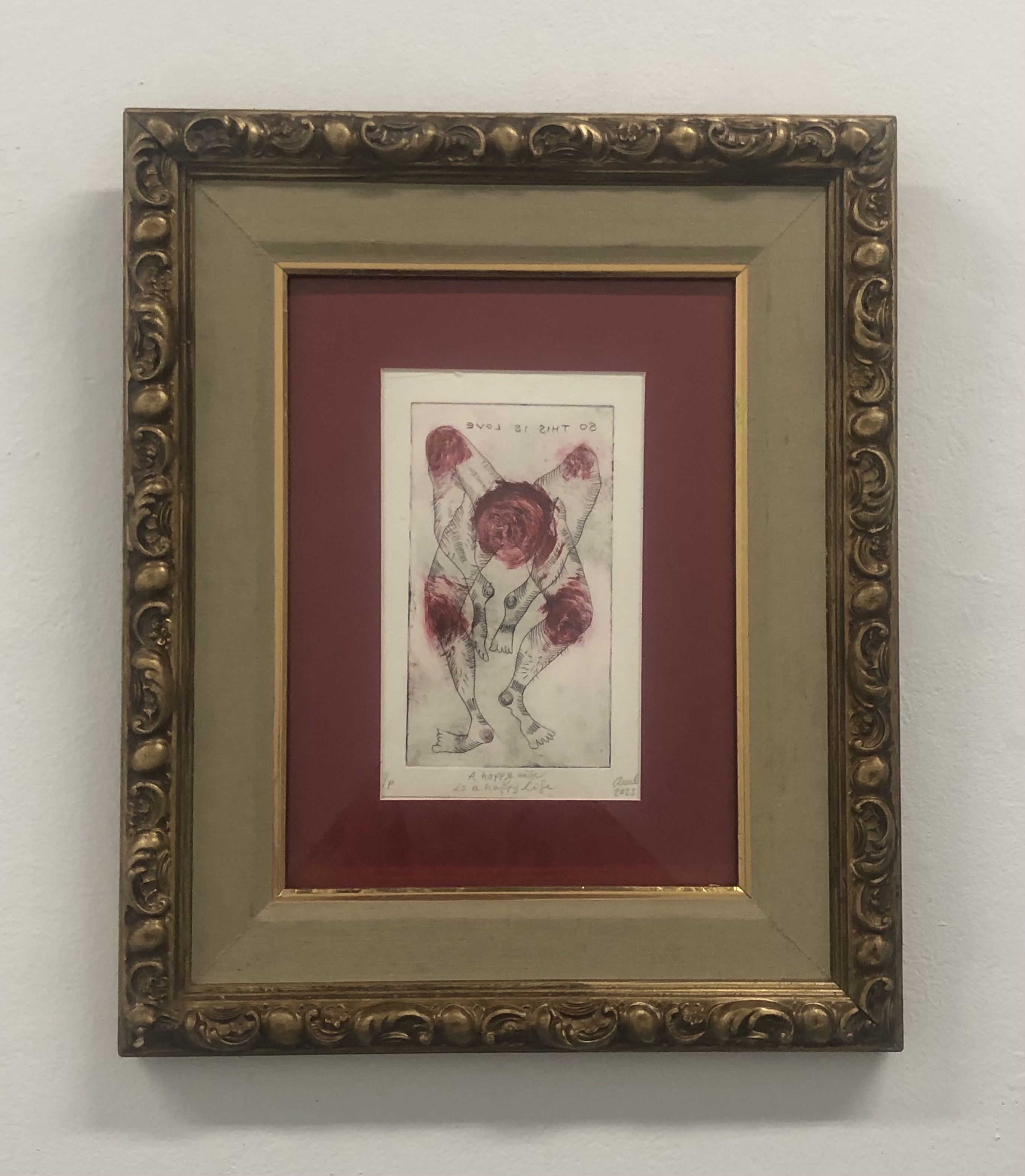 A Happy Wife is a Happy Life, Hard-ground Etching, 7”x3”, 2024