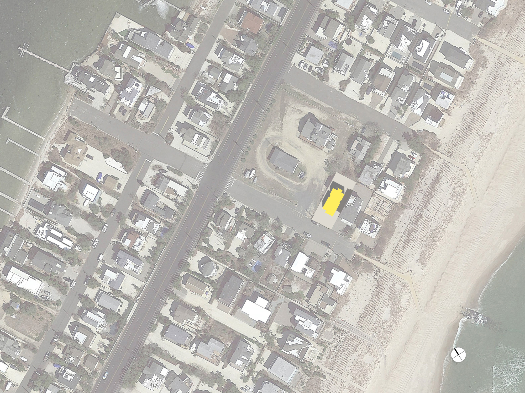 Architectural site plan of the Gap House in Harvey Cedars, LBI, illustrating the building's location relative to coastal wetlands, shoreline contours, and adjacent neighborhood docks.