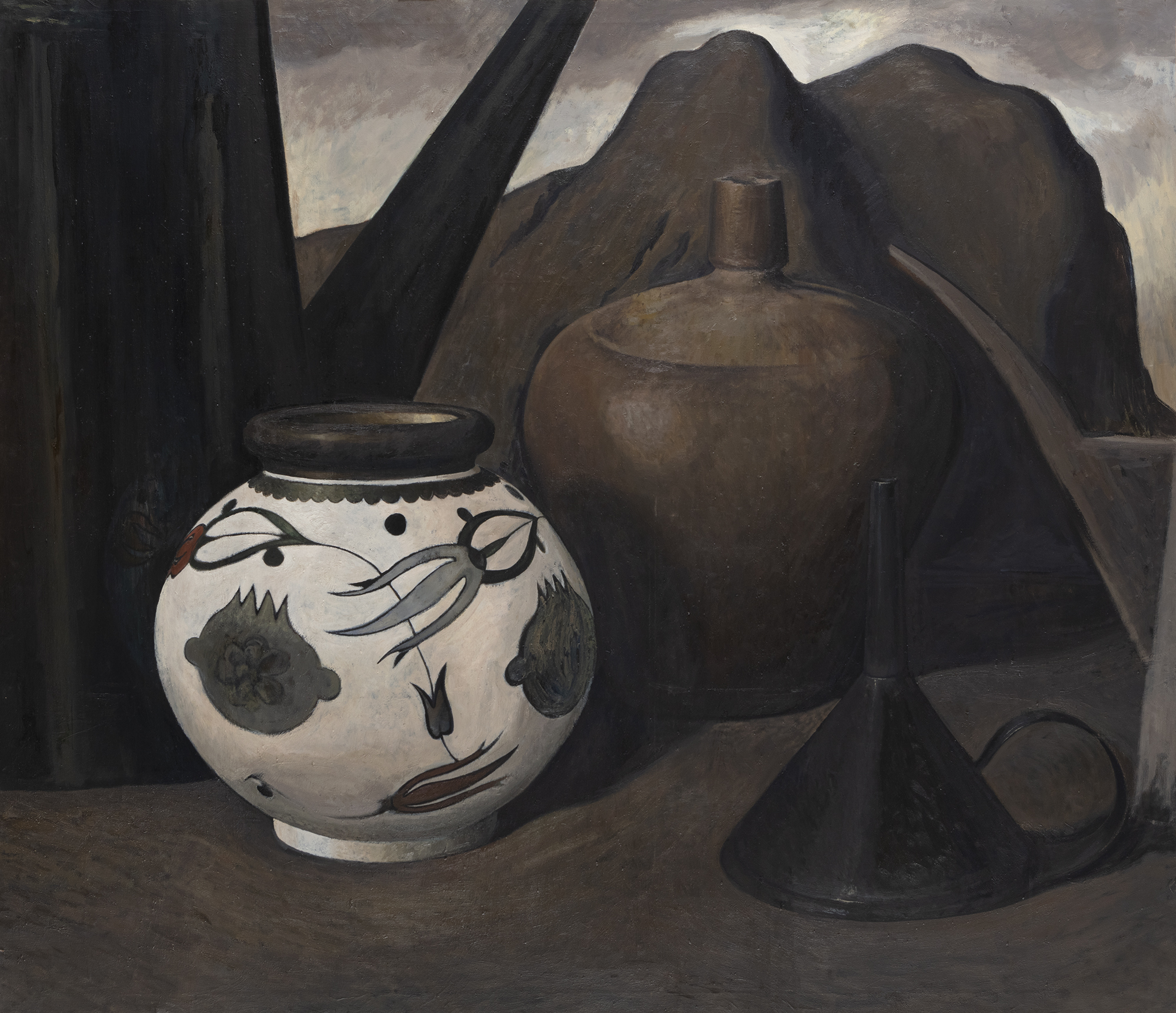 JEAN-BAPTISTE SÉCHERET (n. 1957) Cafetière, vase, botijo, entonnoir et burette devant La Maliciosa 1987-1922 Huile sur toile Signée et datée au dos 180 x 205,5 cm
