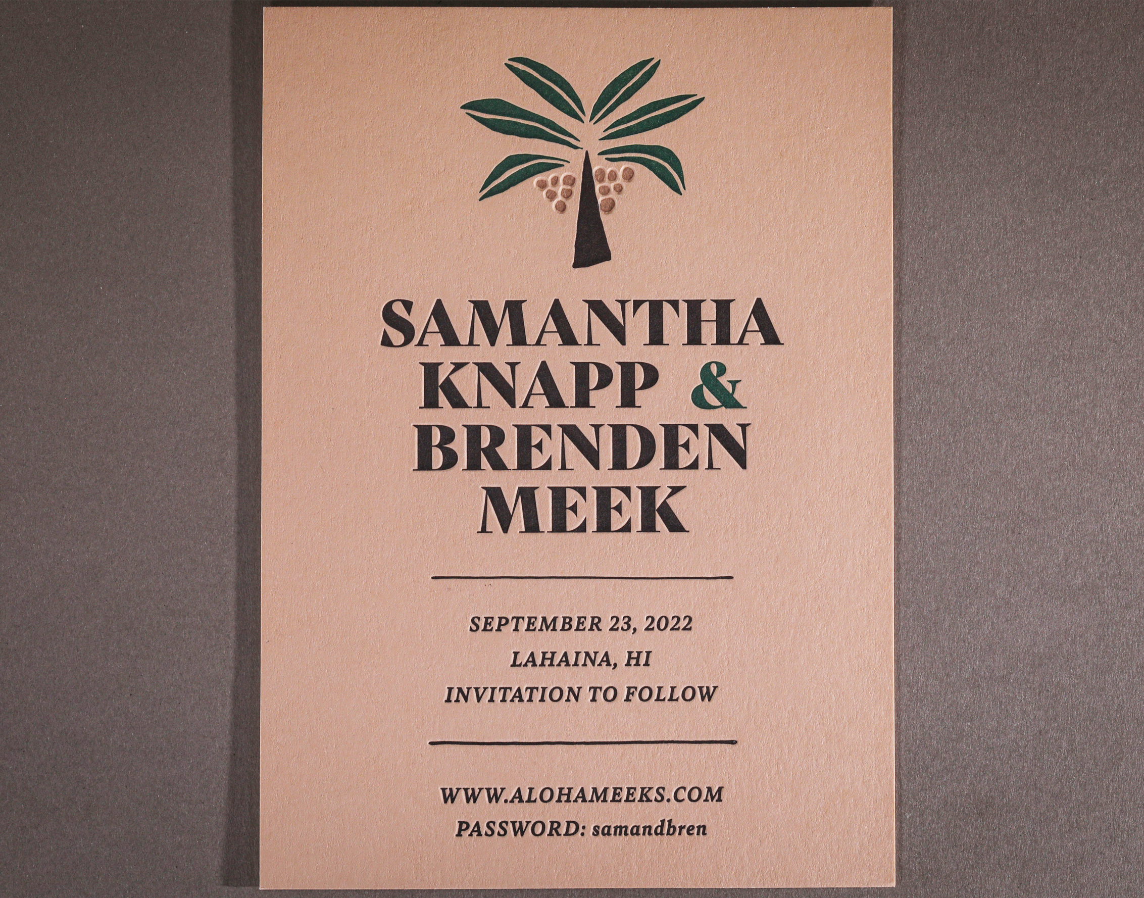 Samantha & Brenden save the date. Letterpress in dark gray, green and tan on Colorplan stone paper.