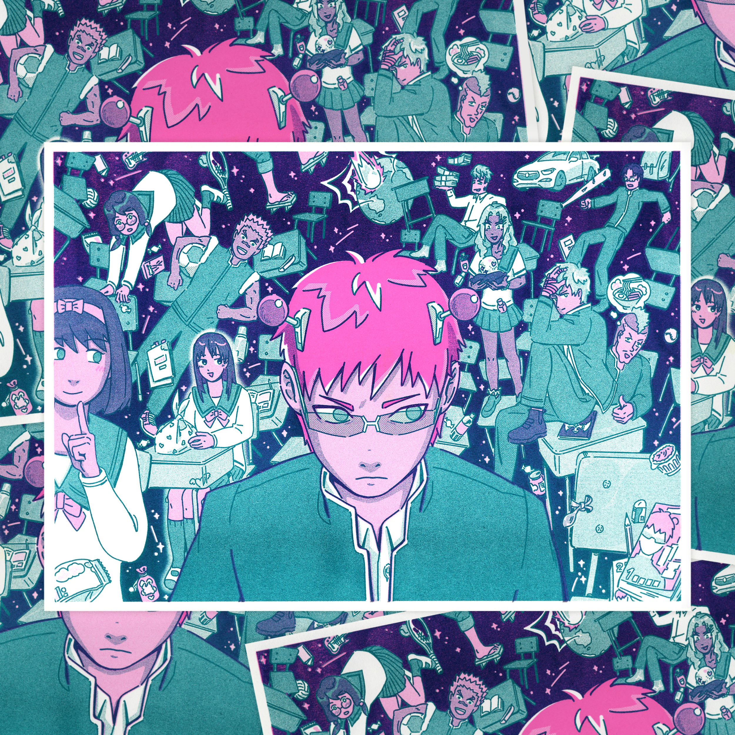 [saiki k] printed at punch kiss press with fluo. pink & light teal