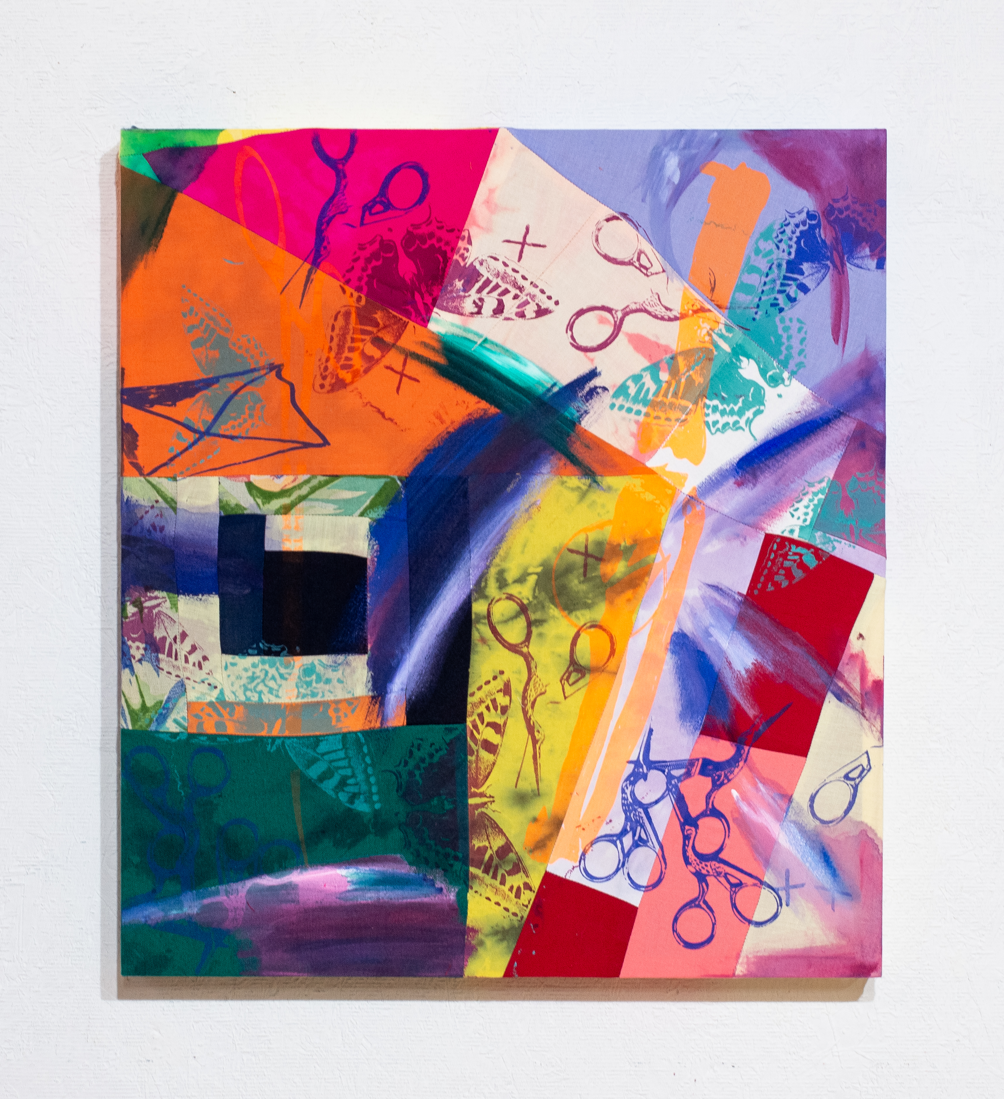 Points. 2025. Screen print and acrylic on patchworked fabrics. 18" by 20". 