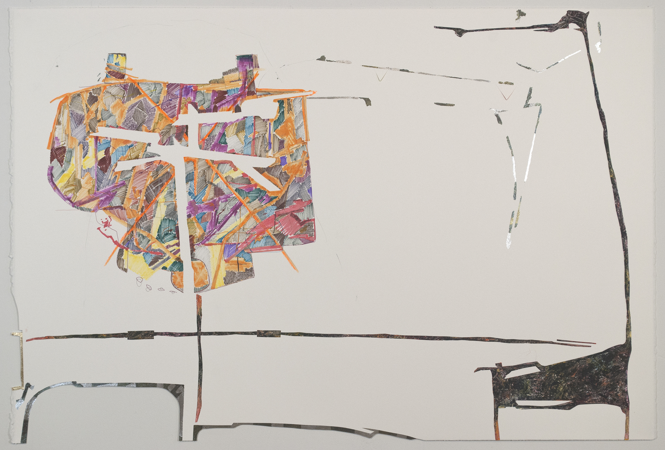 of splinters  Ink, graphite, variegated and copper leaf, gesso, oil pastel and incisions on shaped paper. 2013 - 30 x 44