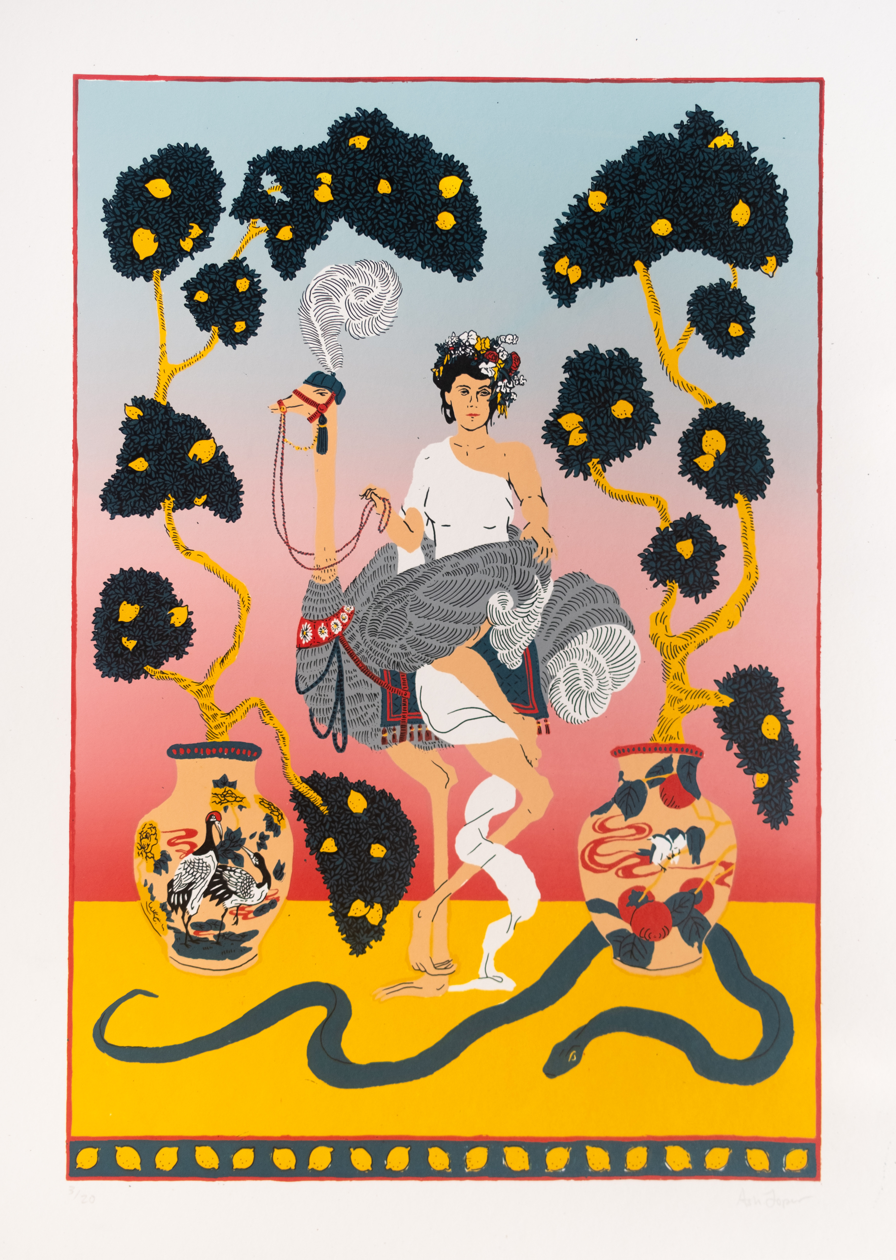 Woman sitting on an ostrich between two lemon trees, 2021, Silkscreen, 1/20, 18x24in.