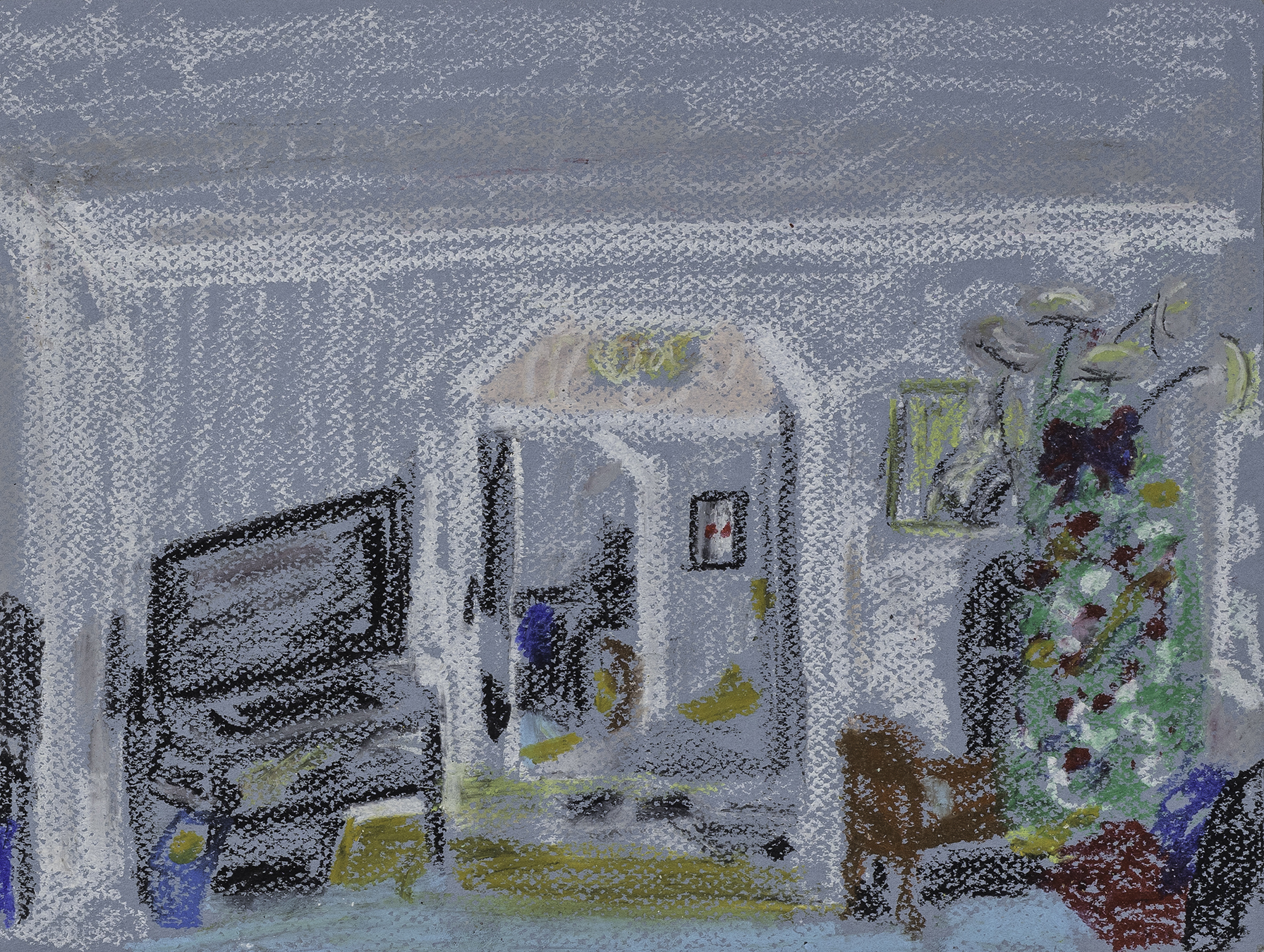 Living Room in Winter at N. Carson   (2022)  Interiorism & Exteriorism  12 x 9 in  Oil Bar on Cotton Paper