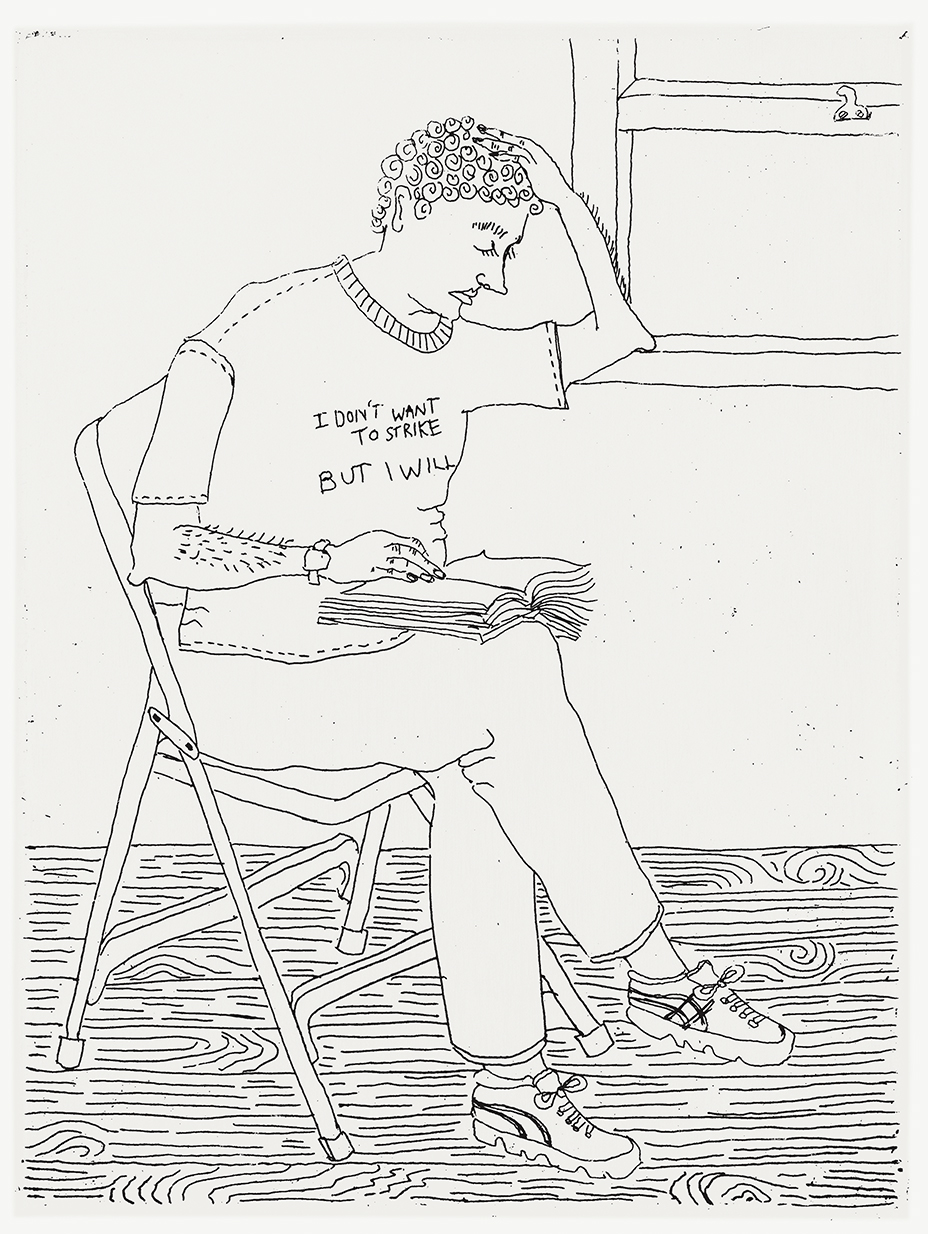 Union Projectionist Reading a Book Between Reels, 2003. Etching; 4 &times; 3 inches