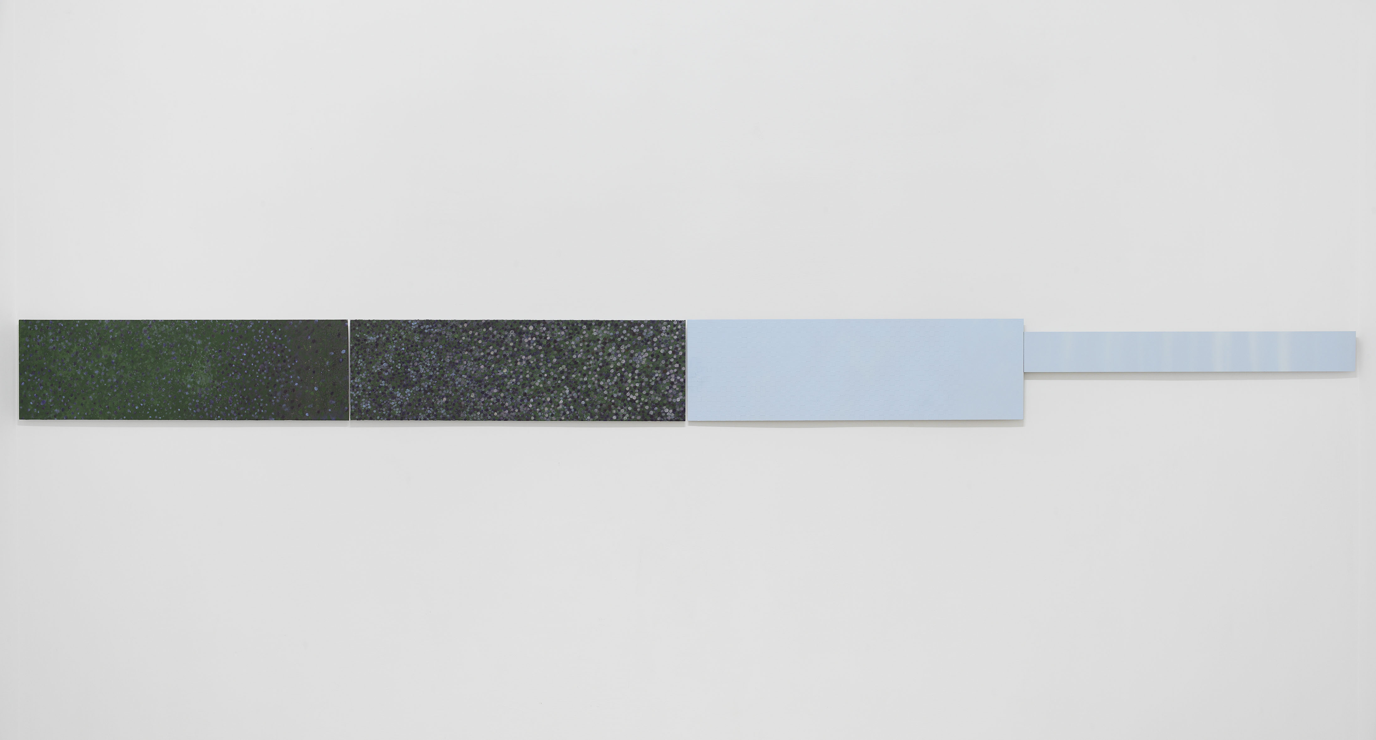 Bogdan Ablozhnyy, Frieze - Untitled, 2021. Oil pigment and acrylic on aluminium, varnished, tape, 100 x 30 and 100 x 12 cm (400 x 30 cm total)