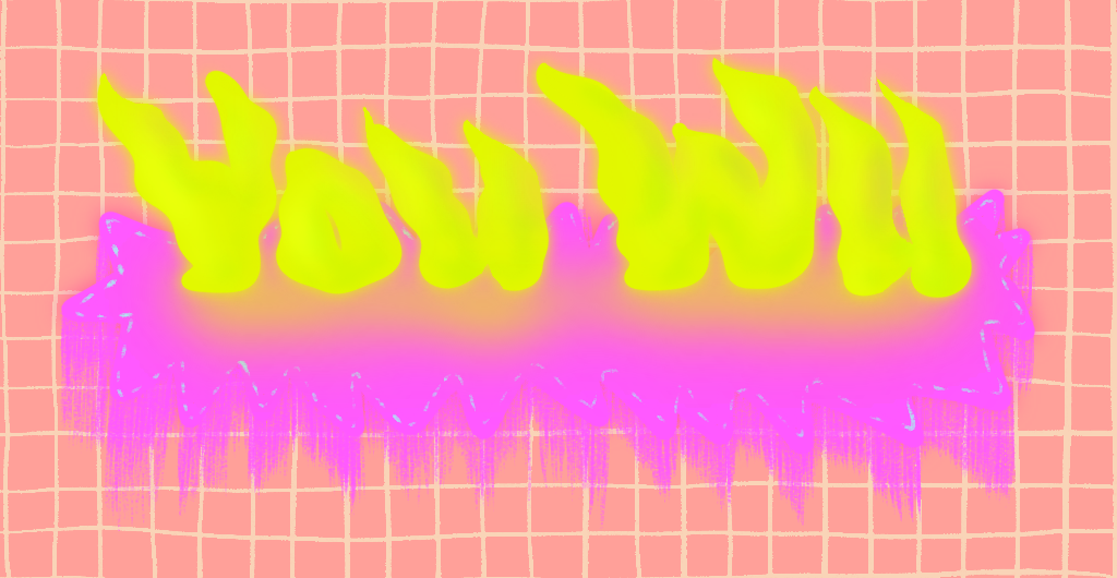 Heading. You Wu's name in yellow wiggly shapes sitting on a purple fringed platform. Hand-drawn gridded background in pink