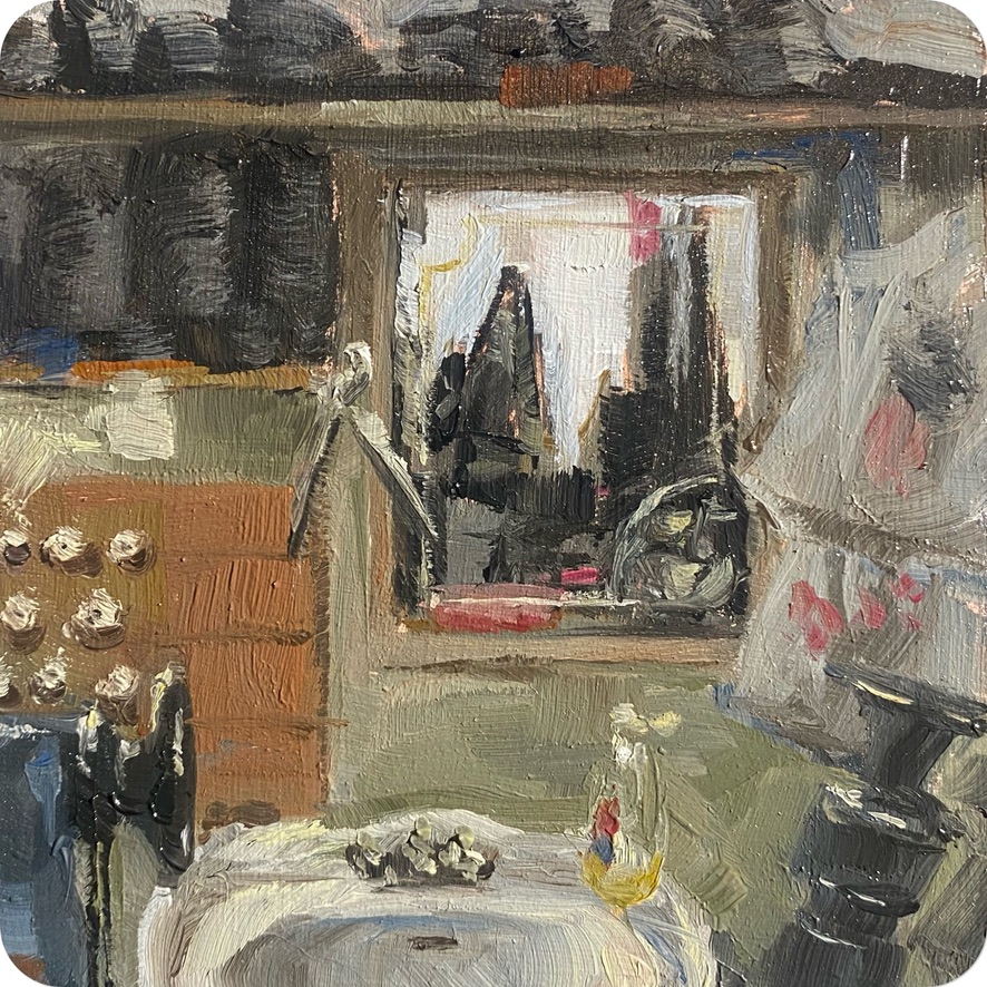 above the sink, 202410 x 10 cm oil on MDF coaster