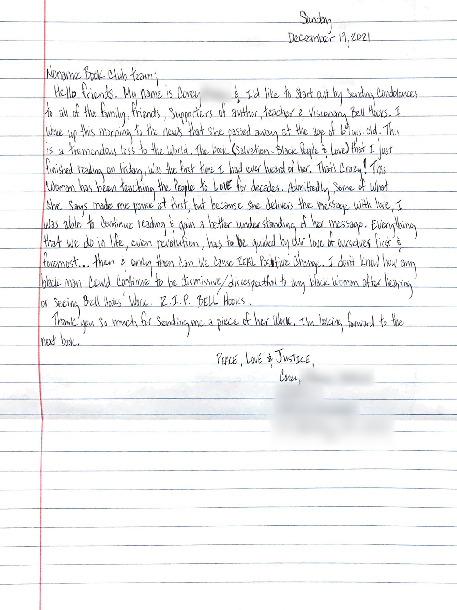 Letter from Corey