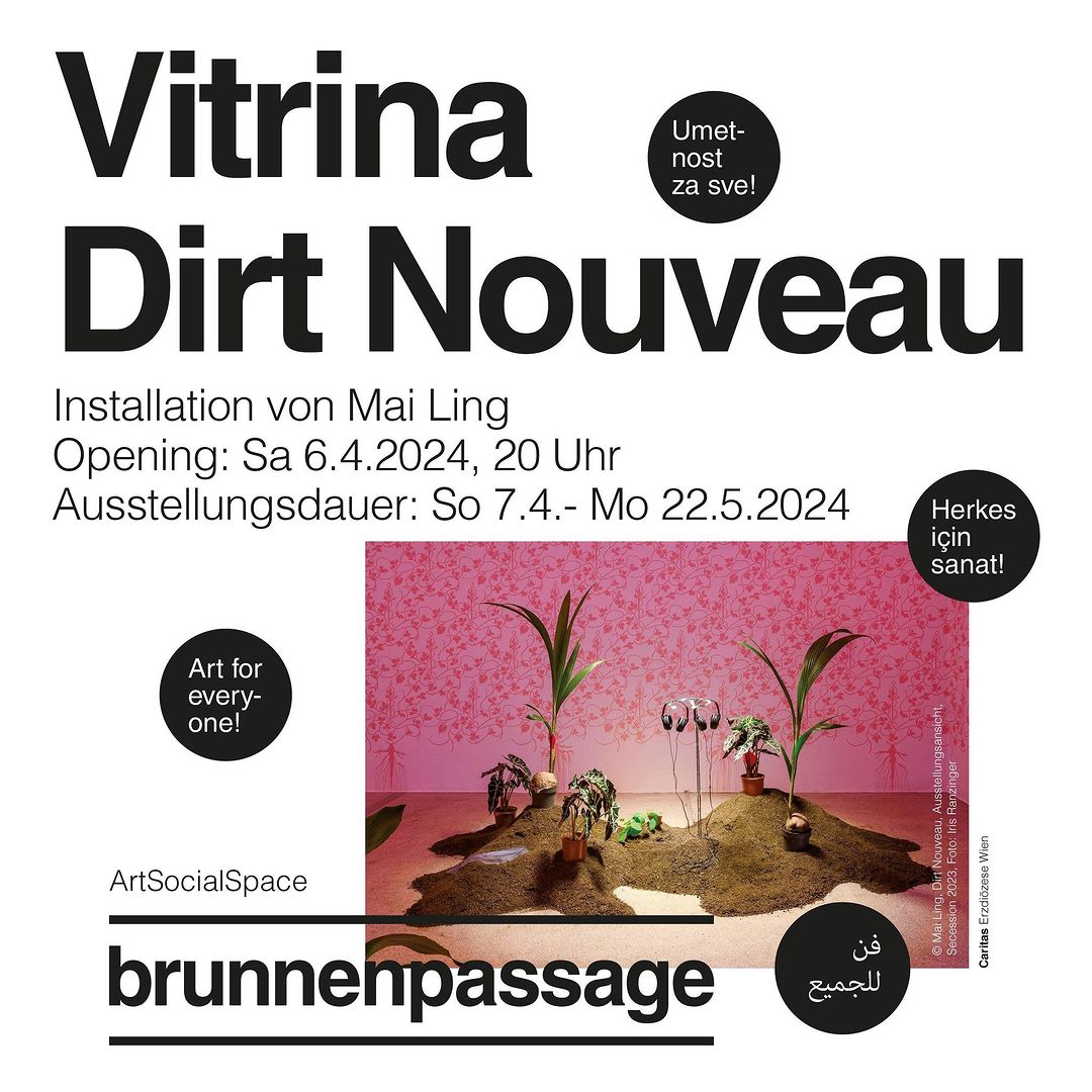 In a room full of ornamental plants in soil, visitors can listen to Mai Ling's many voices, which contain both historical accounts and their own memories present to the houseplants. The plants were brought to the Western world and sold as decorative goods. These stories illustrate the complex interconnections between ongoing colonialism, exoticism in horticulture and the experiences of migrants. At the same time, the wallpaper appropriates traditional Art Nouveau botanical patterns for private interiors and is reimagined as the kudzu plant, an ornamental plant native to East Asia that is considered “invasive” in the Western world. The roots of the kudzu plant are turned into sticky bioplastic that drips from the glass window of the display case. With the site-specific adaptation of the installation shown for the first time at the Secession, “Dirt Nouveau” will be temporarily relocated to the Vitrina, the exhibition space in the Brunnenpassage, and exhibited as part of the Climate Biennale.