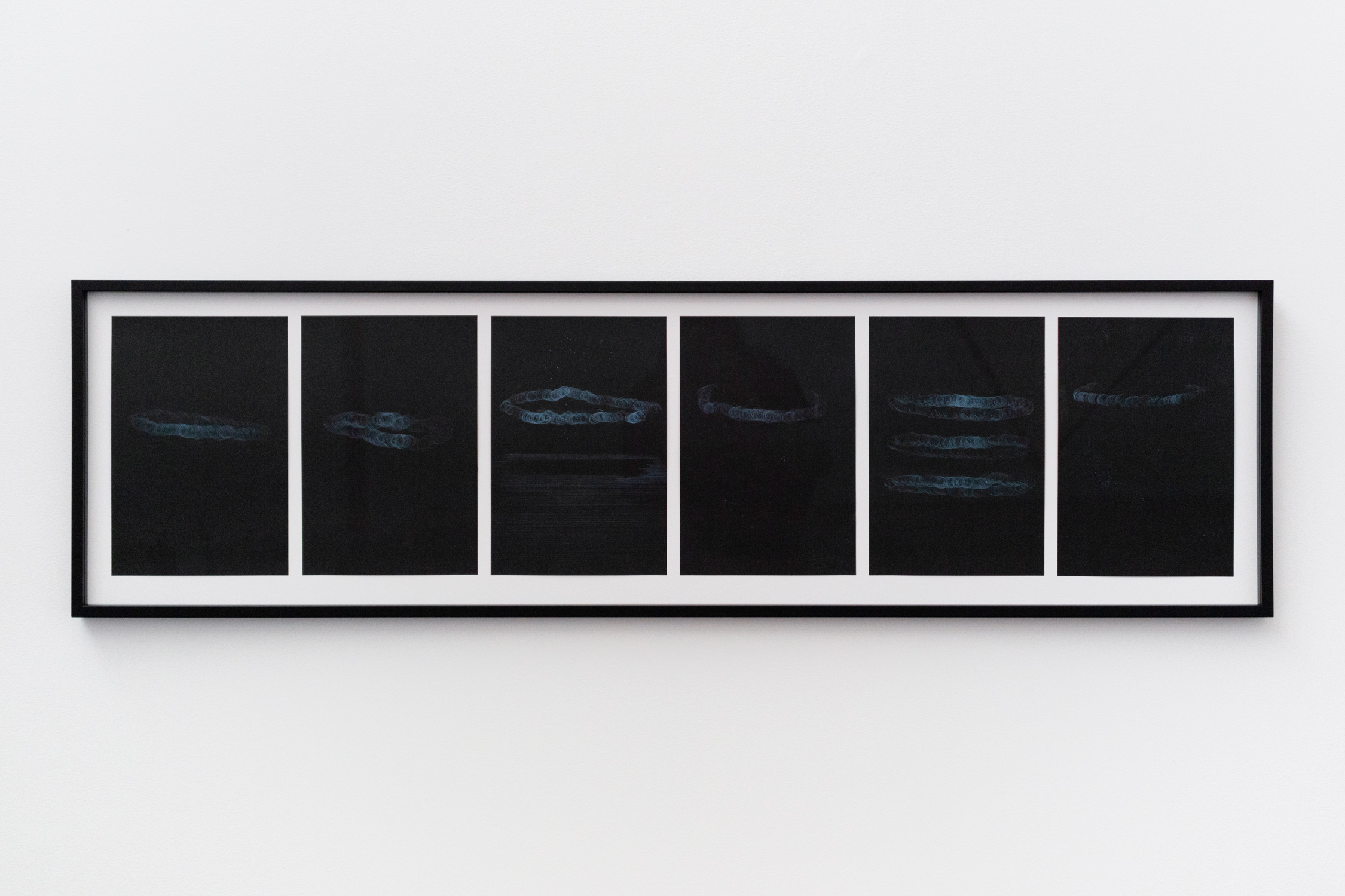 Travel by Night, 2024, Coloured pencil on paper, six drawings, framed, 136 x 39 cm