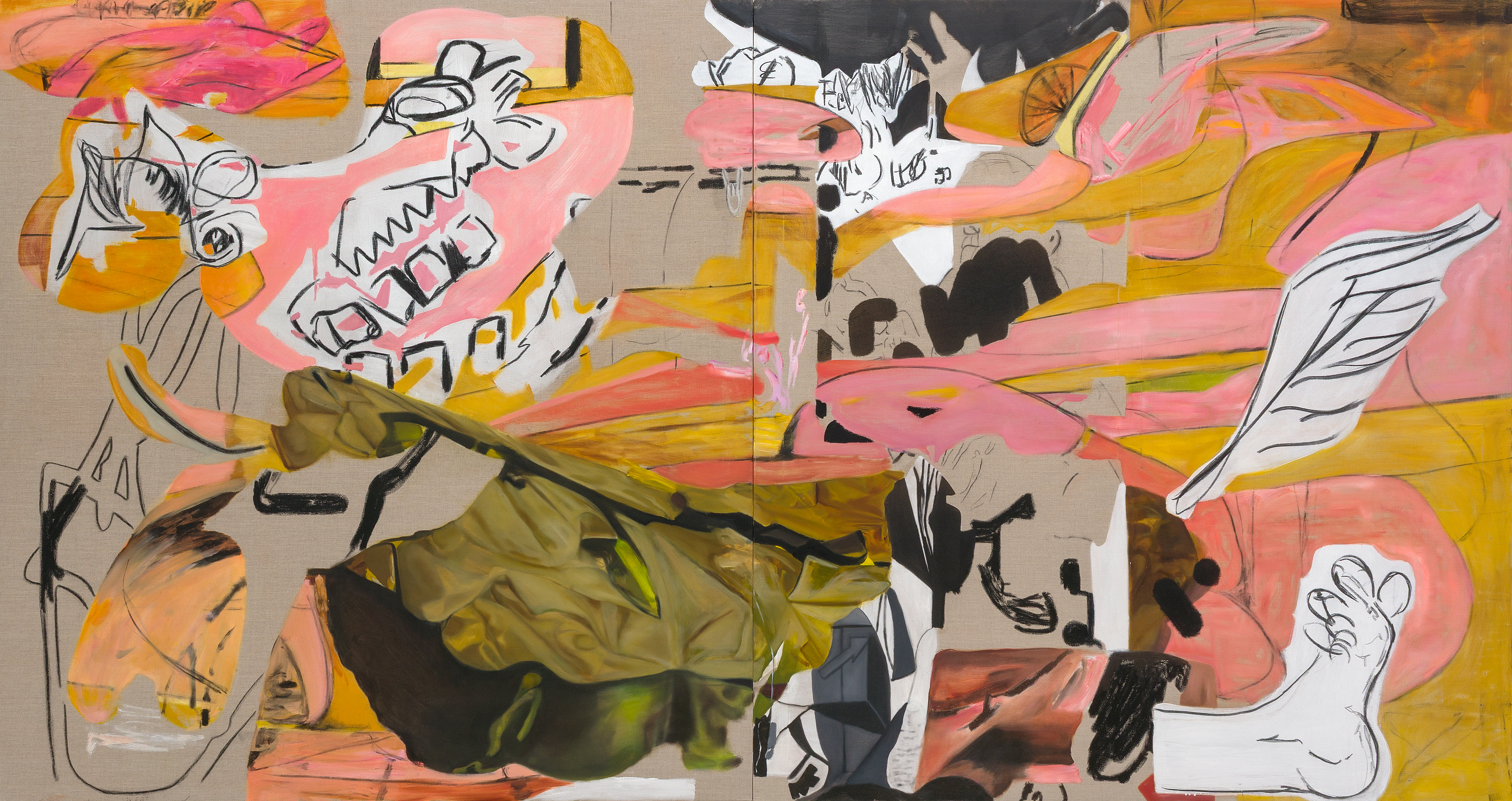 Flighting Mode, 2025, Oil, acrylic, oil stick, charcoal on canvas, 160 × 300 cm