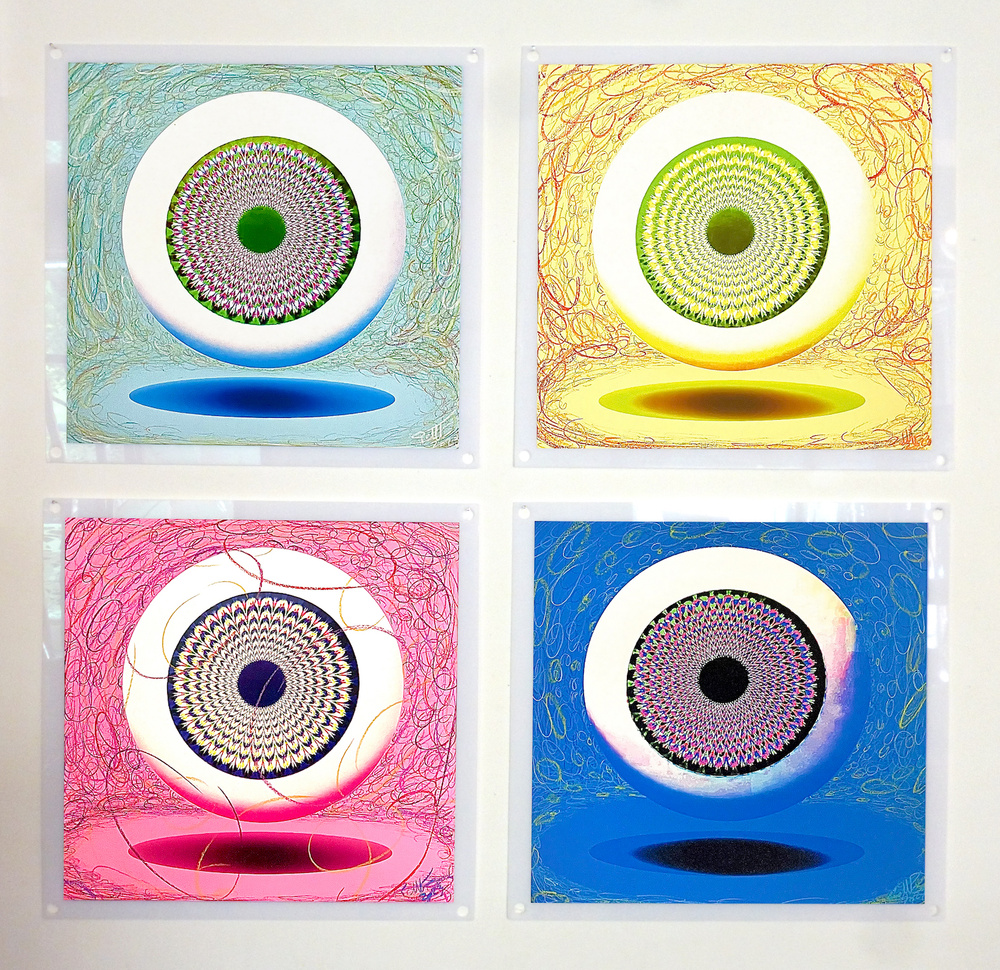 ŒIL IRISÉ ET OMBRÉ, retouché – 2023. 50 x 50 cm. Travail digital, imprimé sur plexiglas, retouché à la craie grasse, avec ou non collage, vernis