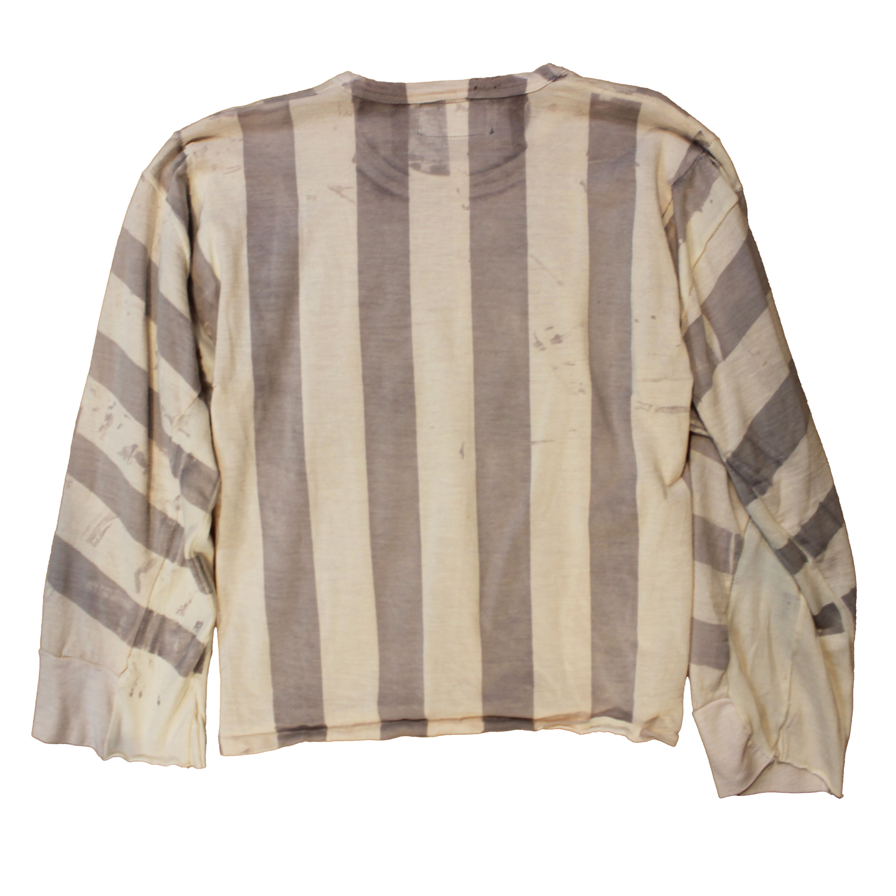 reclaimed vintage surplus thermal shirt tailored to have a boxy fit and wide sleeves. Allover printed with stripes using textile dye