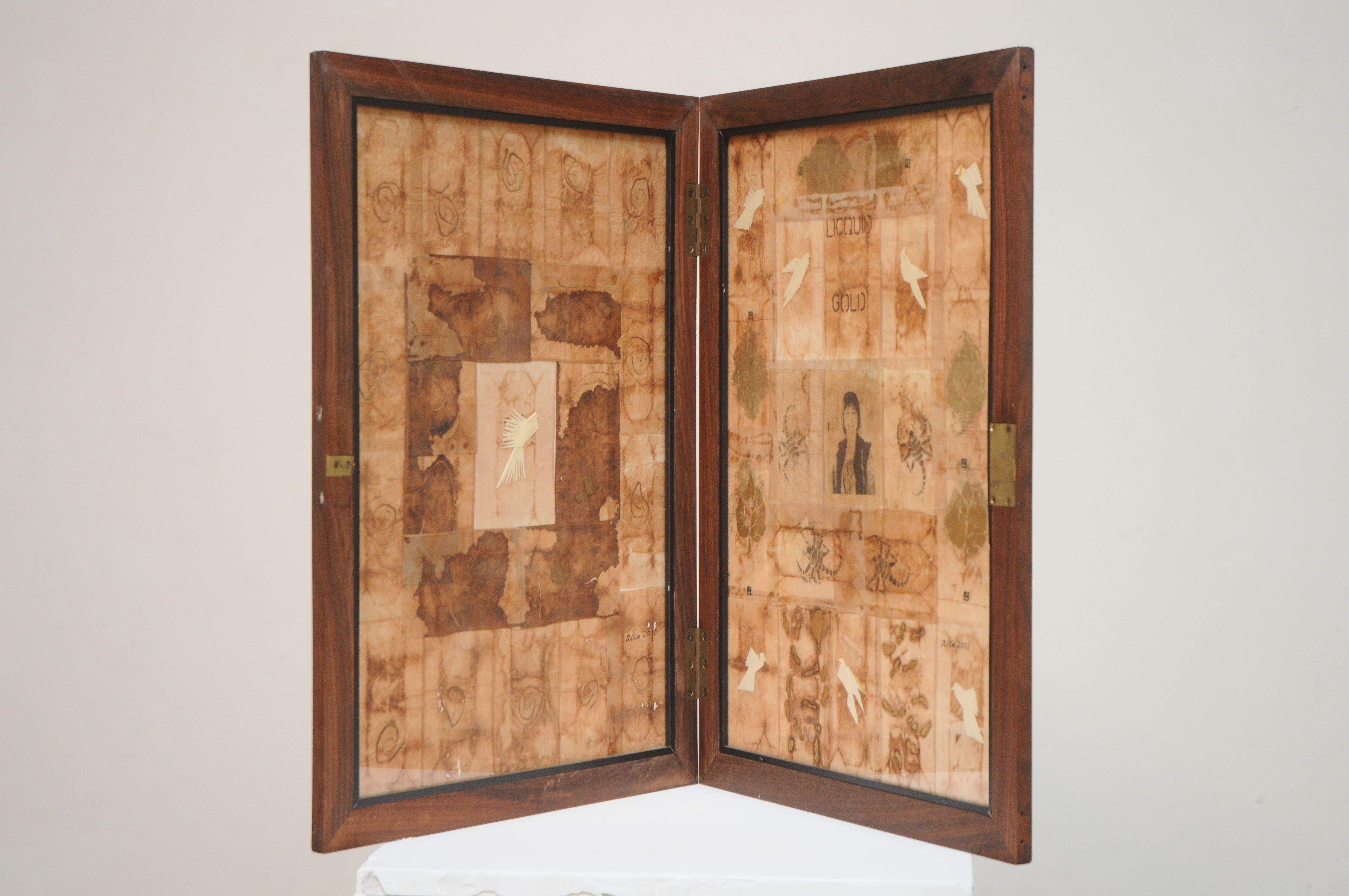 'Family Tea' | 14.7" x 20.8" | Found wooden frames, mount board, used tea bags, archival glue, folded paper birds