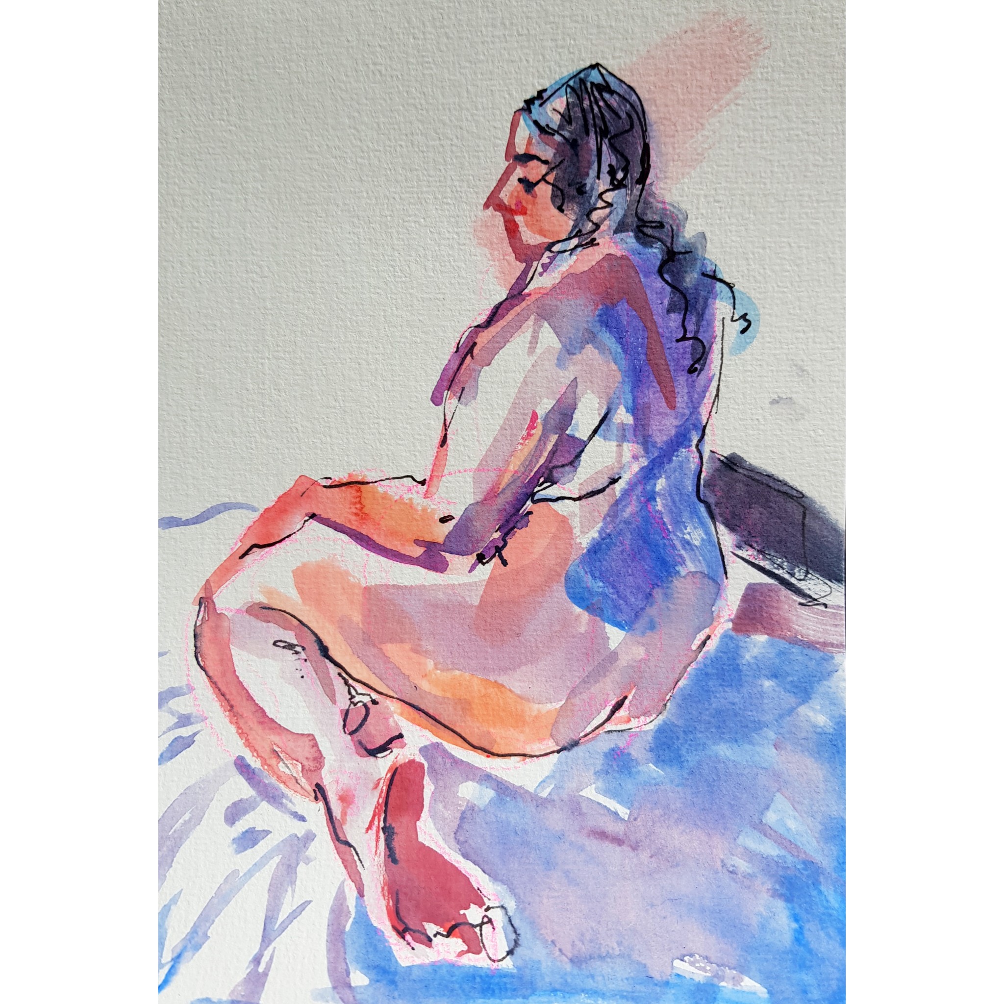 Allie kneeling, watercolour and gouache on paper, 21 x 15cm, 