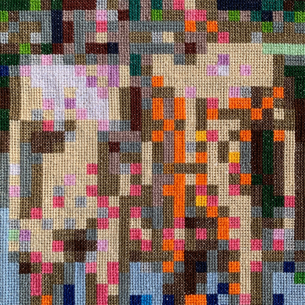 Outdoor Couple, needlepoint, 25 x 25 cm (needlework by Juliette Blackshaw)