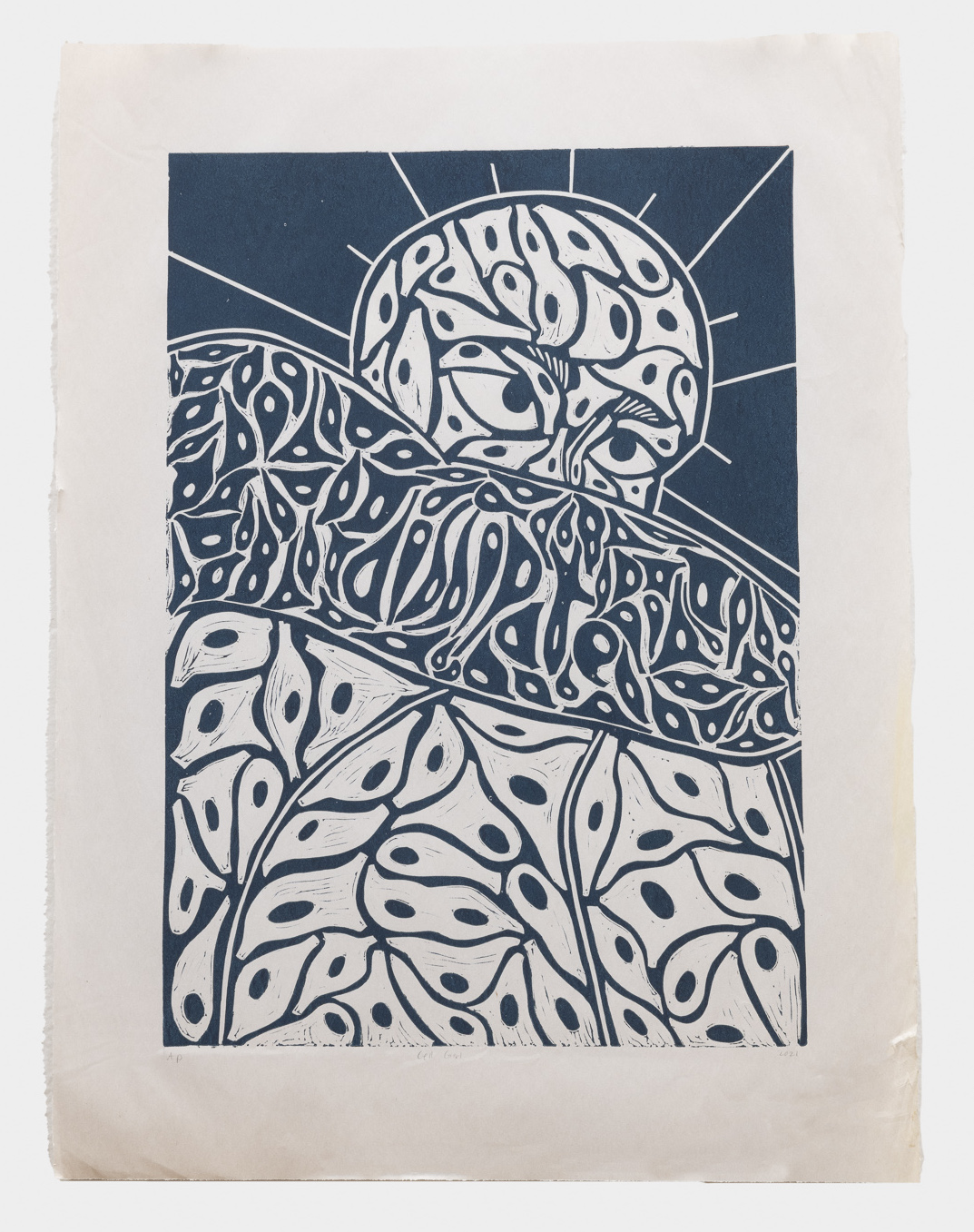 Cell girl | Linocut on newsprint | 16 x 21 in | 2021